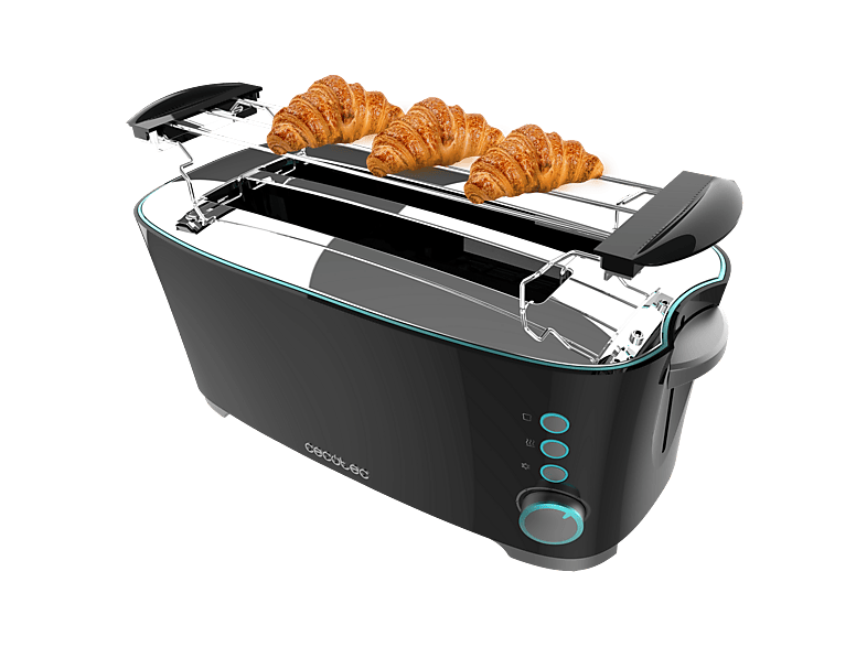 Tostadora - Cecotec Toast&Taste Extra Double B, 1350 W, Doble ranura larga, 4 tostadas, Ranura ancha, 7 niveles, Soporte para bollería, Negro