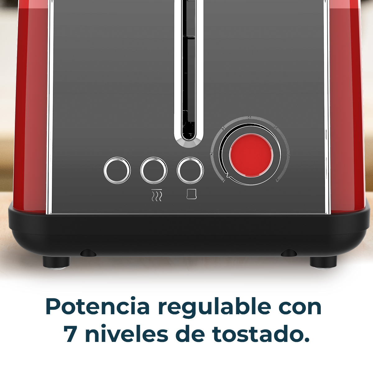 Una tostadora roja con controles plateados y un dial rojo.