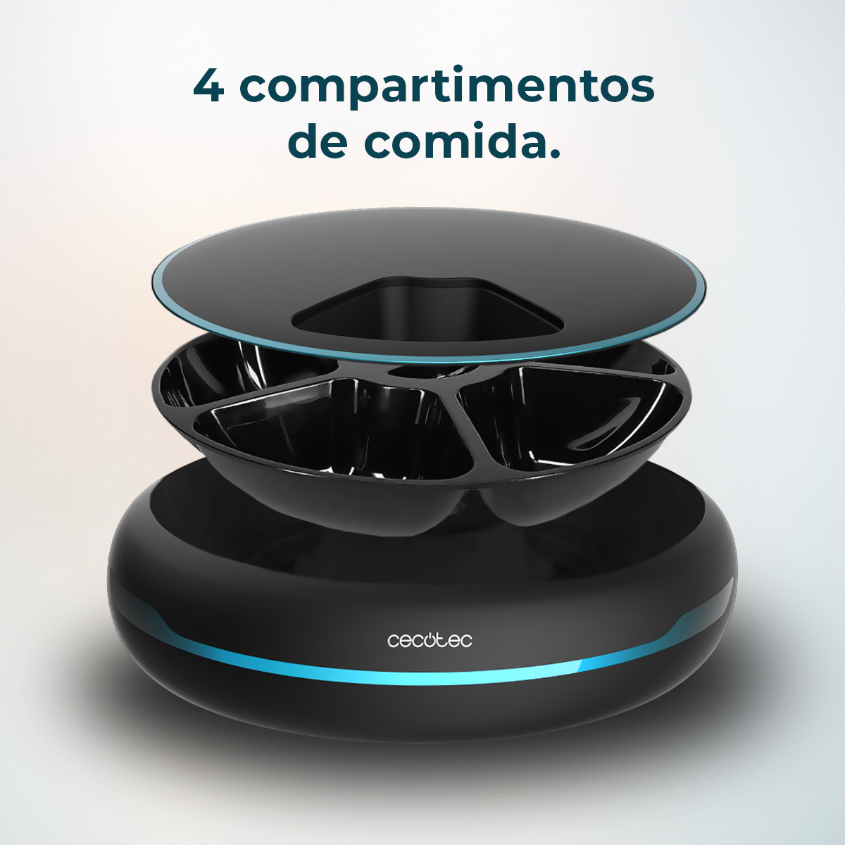 Un comedero negro para mascotas con cuatro compartimentos.