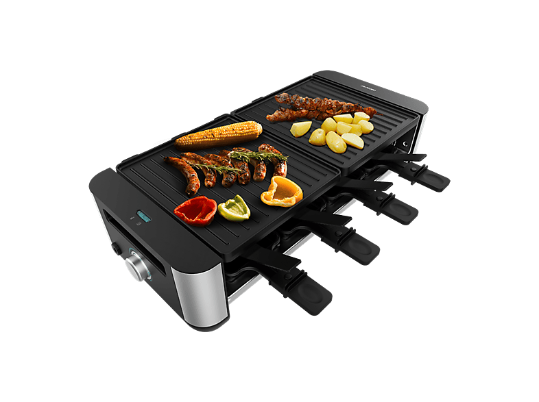 Raclette - Cecotec Cheese&Grill 16000 Inox Black, 1400 W, 8 personas, Superficie 40x22 cm, Grill y plancha, sartenes espátulas, Negro