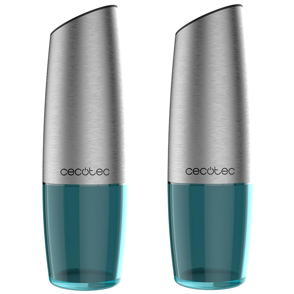 Dos molinillos Cecotec plateados y azules sobre fondo blanco.