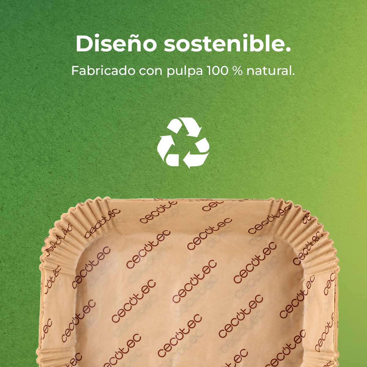Diseño sostenible. Hecho de pulpa 100% natural. Símbolo de reciclaje blanco.