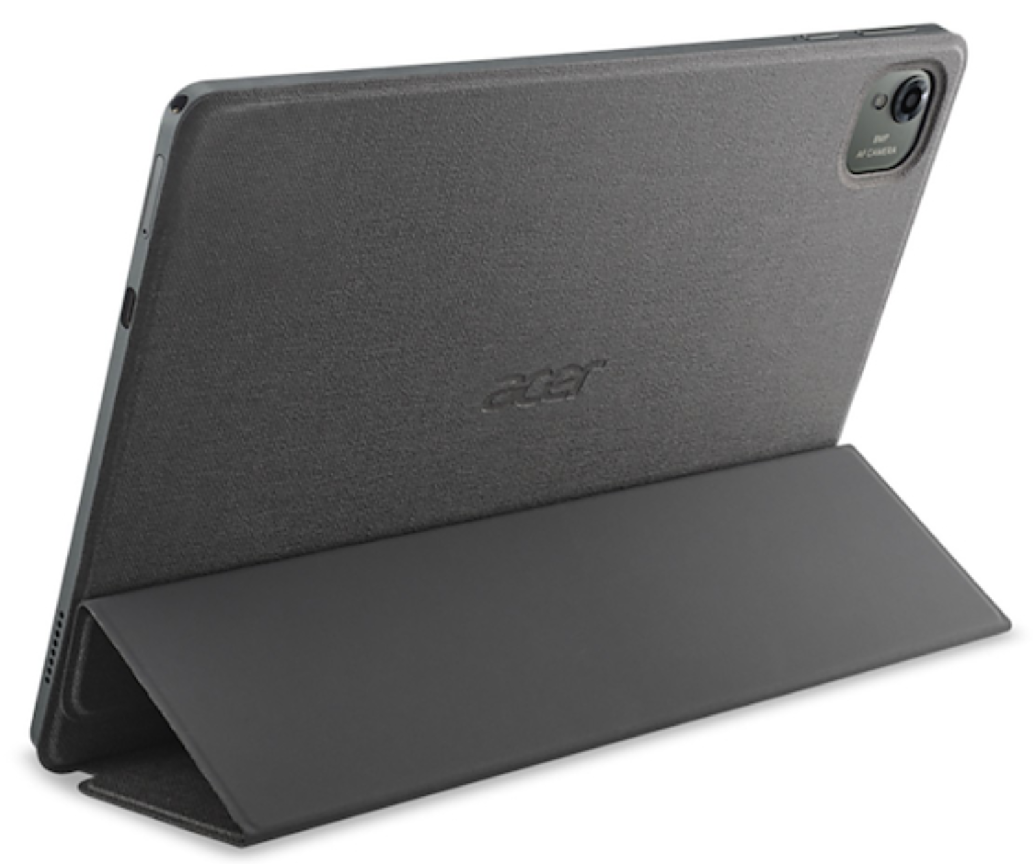 Una tableta gris con su funda plegada como soporte.