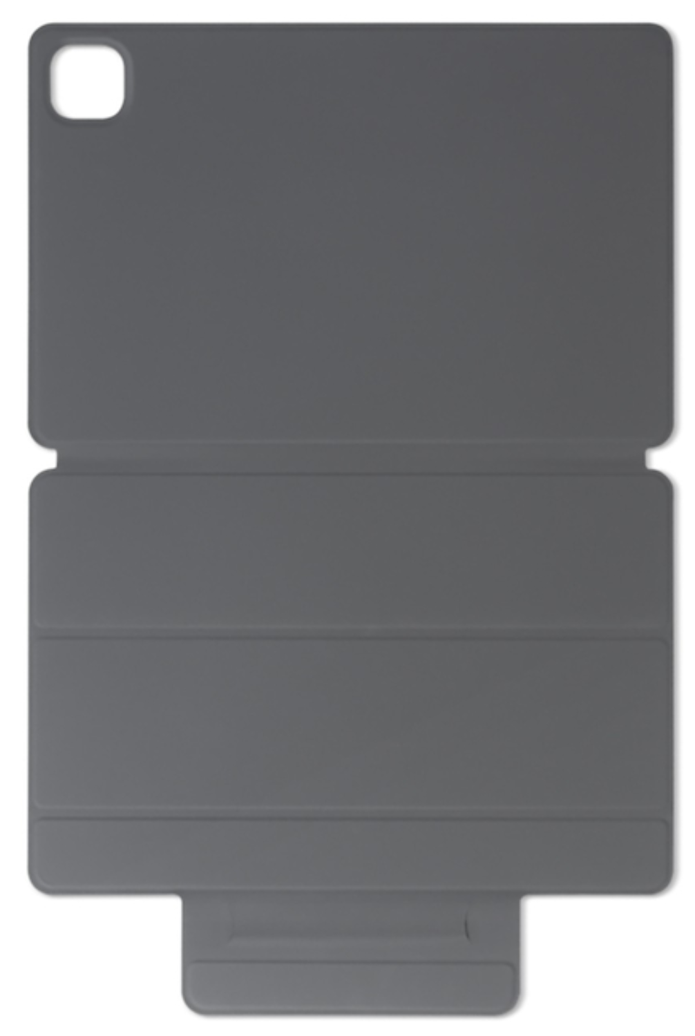 Una funda de tableta gris plegada con un recorte para cámara.