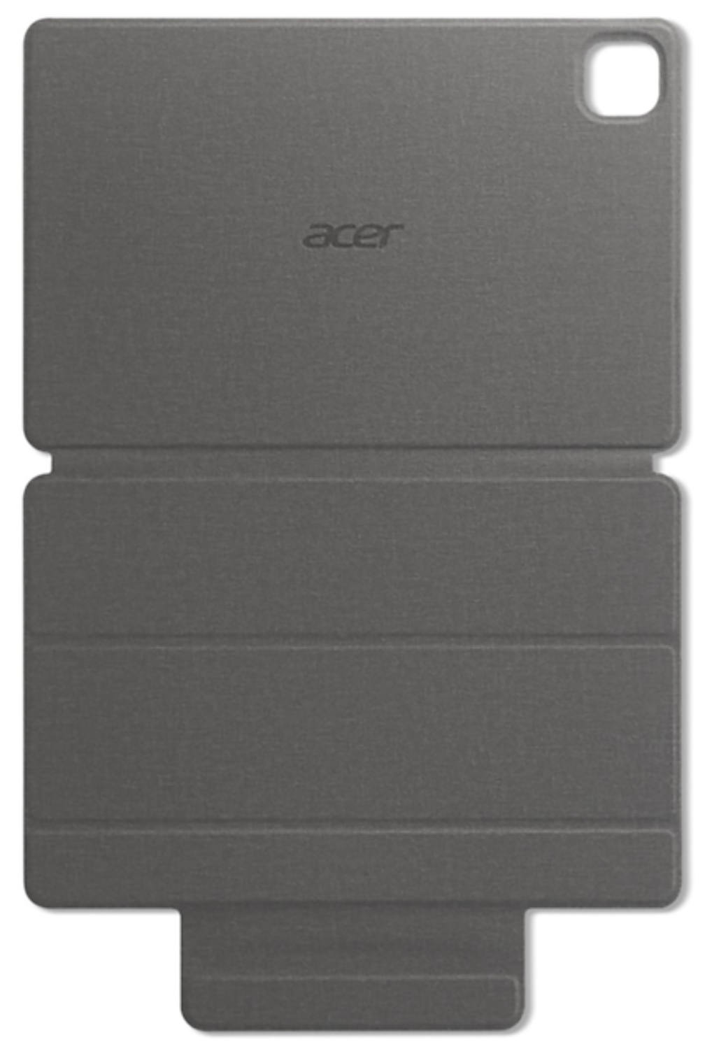 Funda gris Acer con diseño plegable y recorte de cámara arriba a la derecha.
