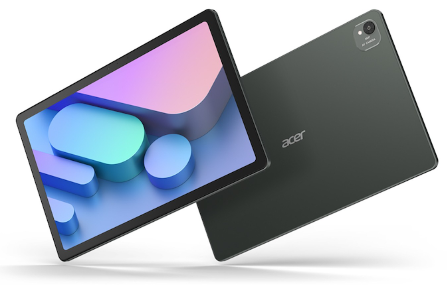 Dos tablets Acer en gris oscuro sobre fondo blanco. Una muestra un gráfico abstracto colorido.