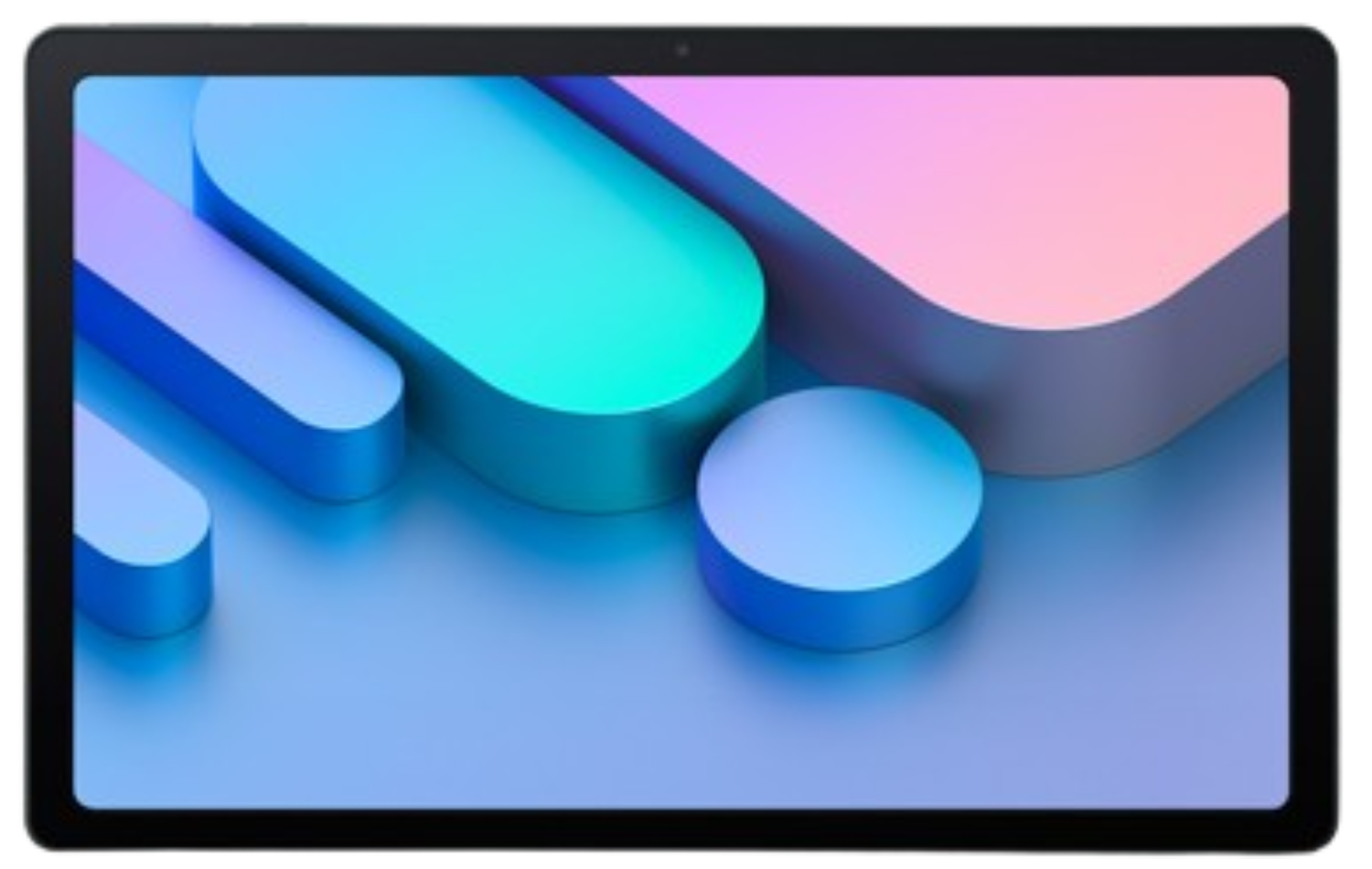Una tableta con formas abstractas azules y rosas en la pantalla.