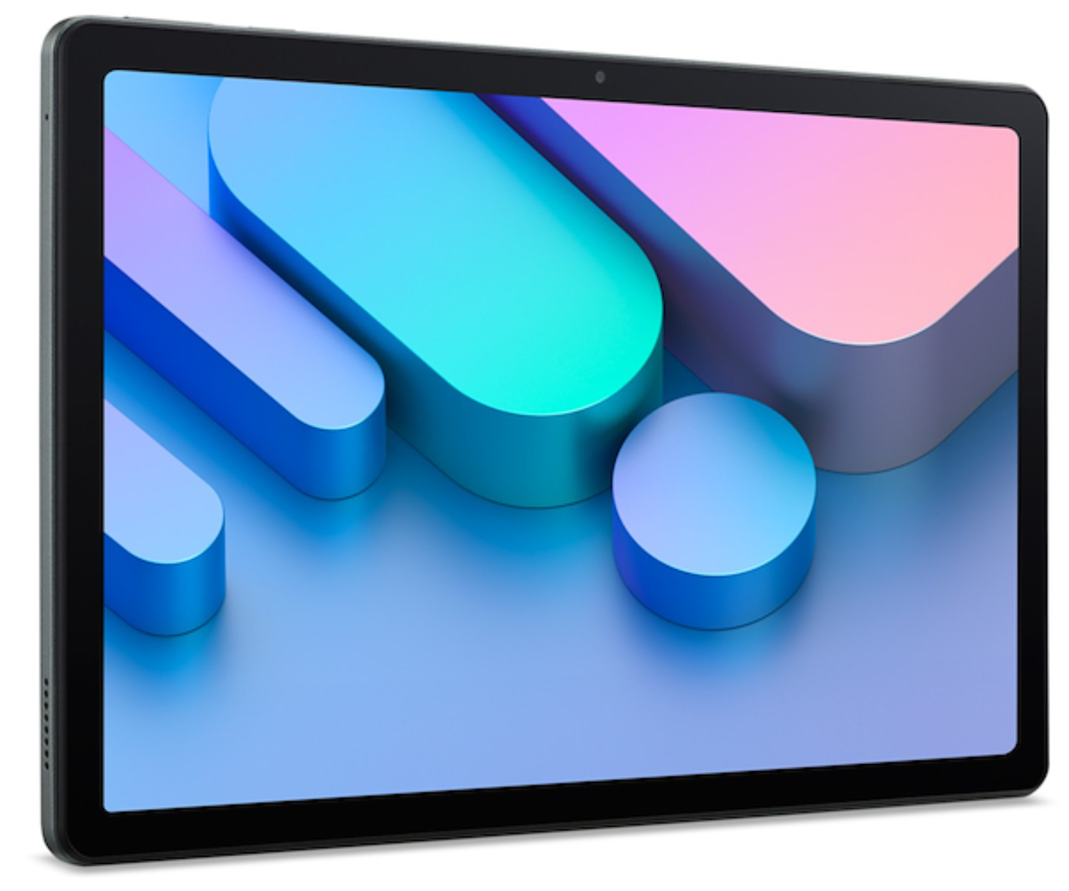 Una tableta que muestra un fondo abstracto y colorido de formas azules y rosas.