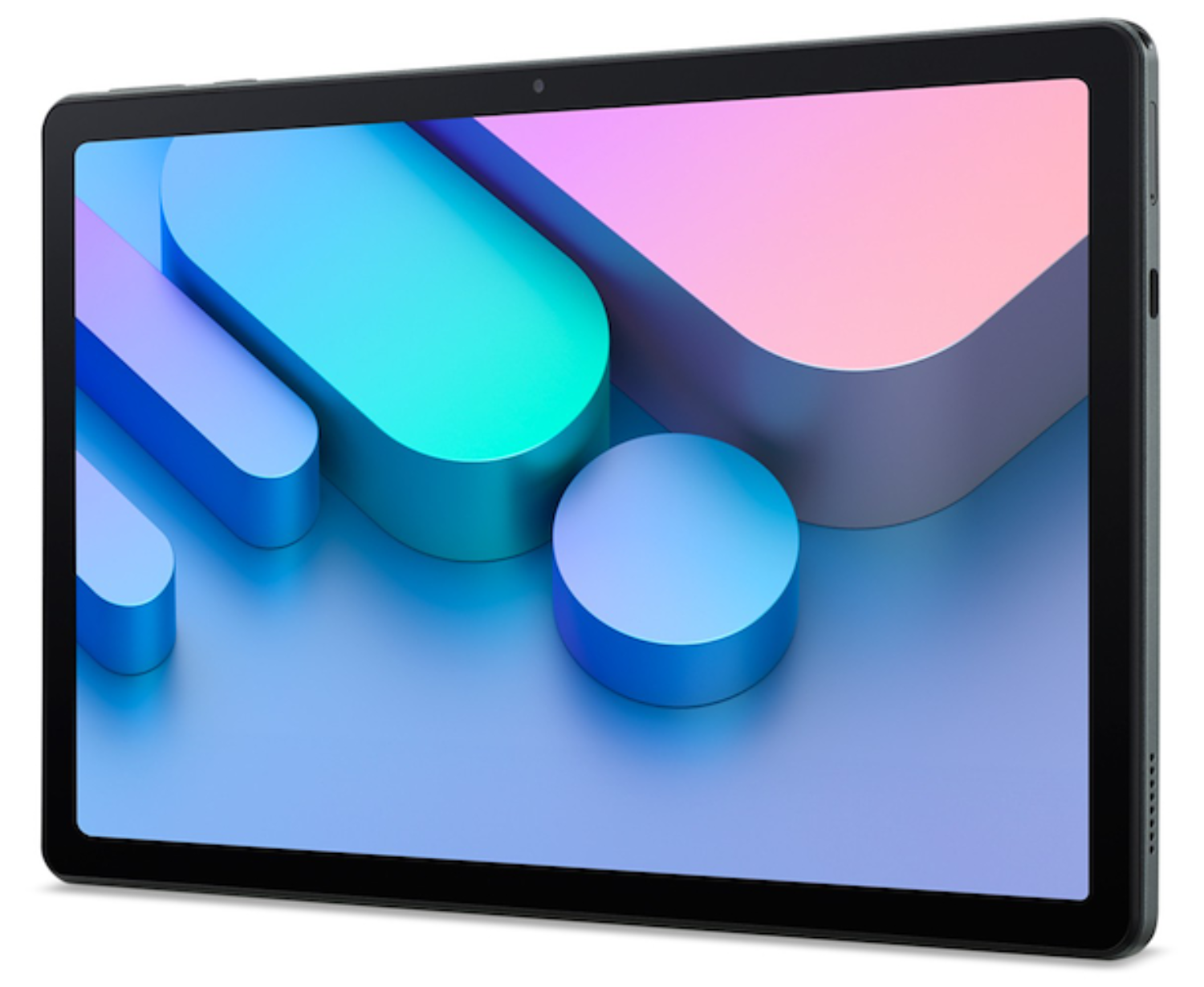 Una tableta con un fondo abstracto y colorido con formas azules y rosadas.