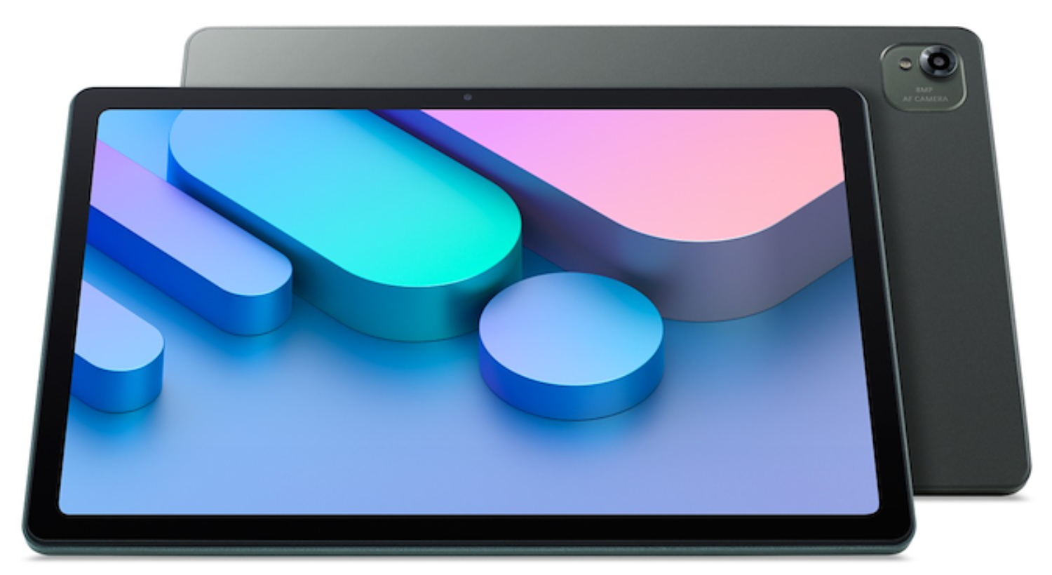 Una tableta oscura con gráficos abstractos coloridos en pantalla y una cámara.