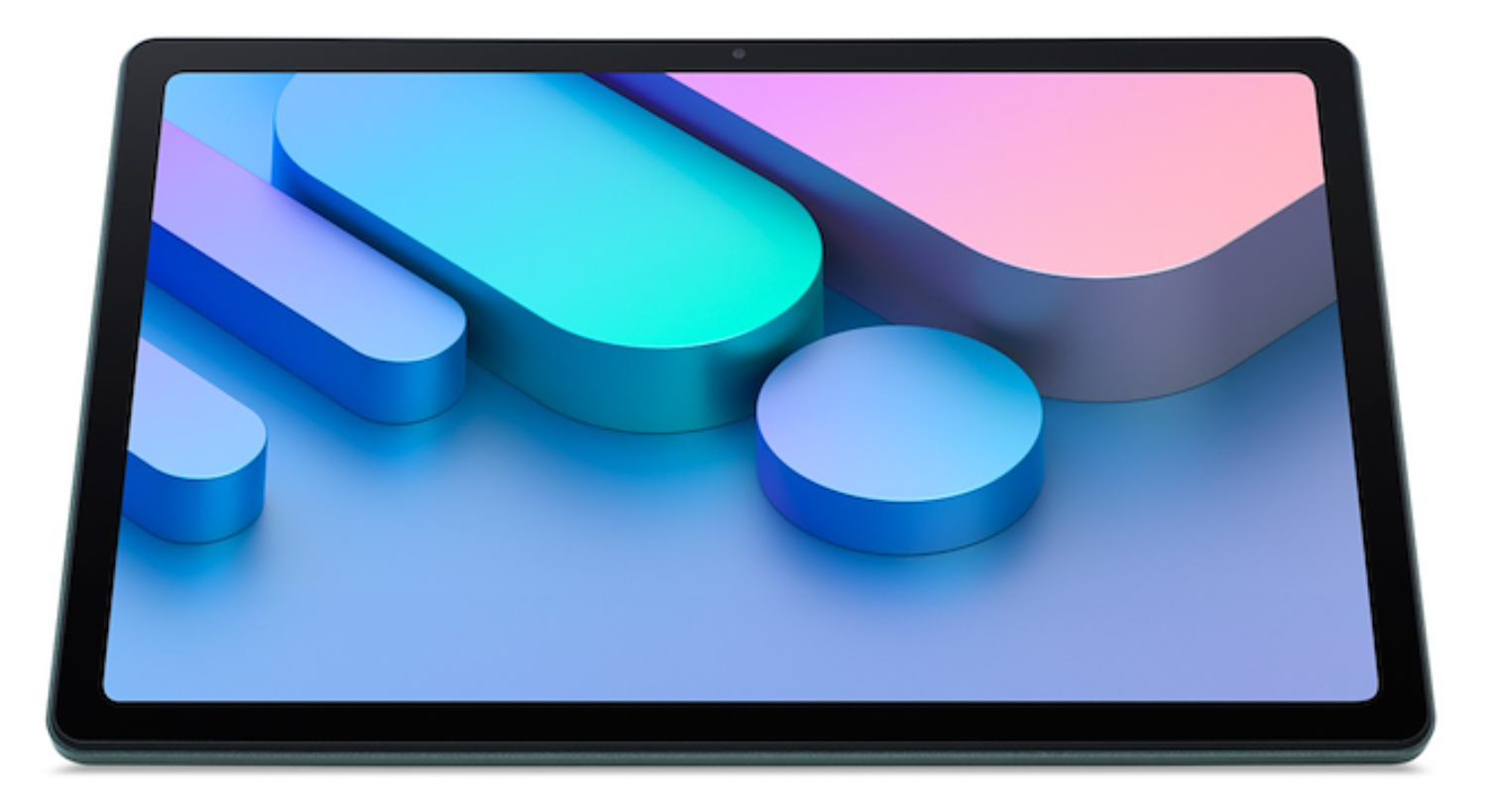 Una tableta que muestra un fondo abstracto de formas azules y rosas.