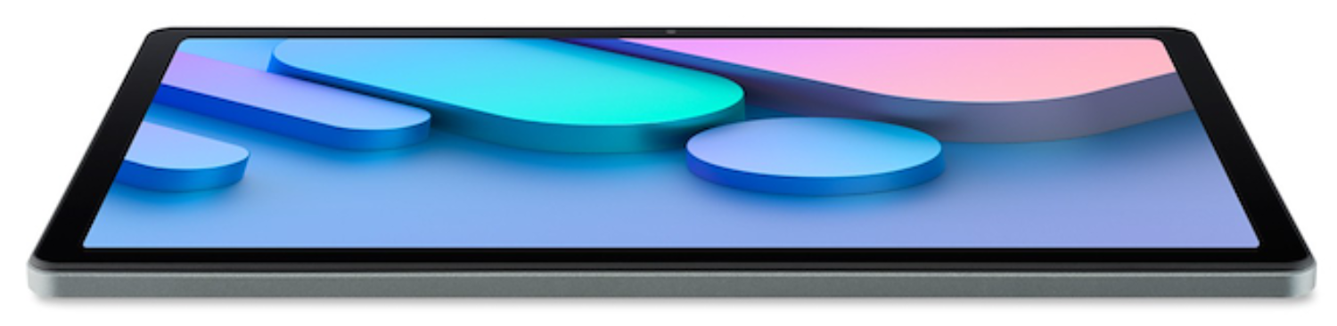 Una tablet gris que muestra un fondo abstracto en tonos azules y rosas.