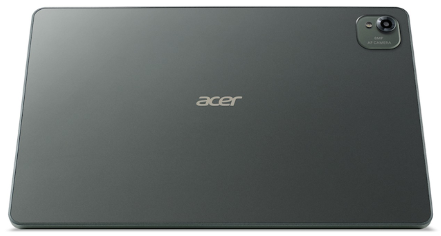 Vista trasera de una tablet Acer oscura con módulo de cámara y logo Acer.