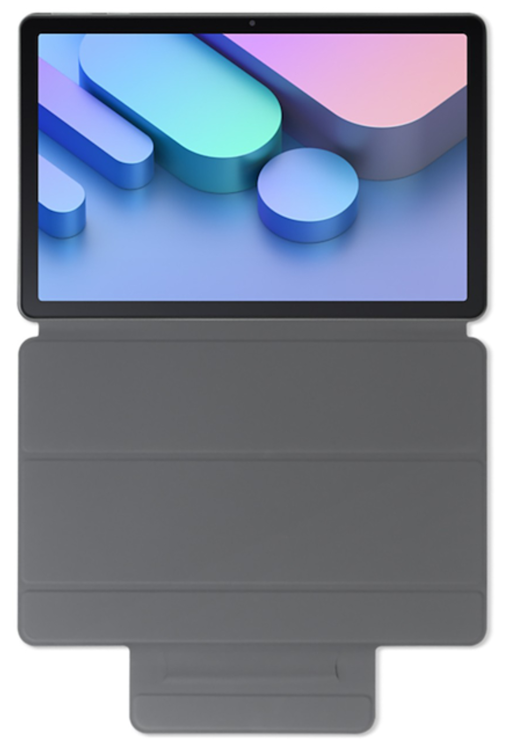 Una tableta con cubierta gris oscuro y fondo de pantalla colorido.