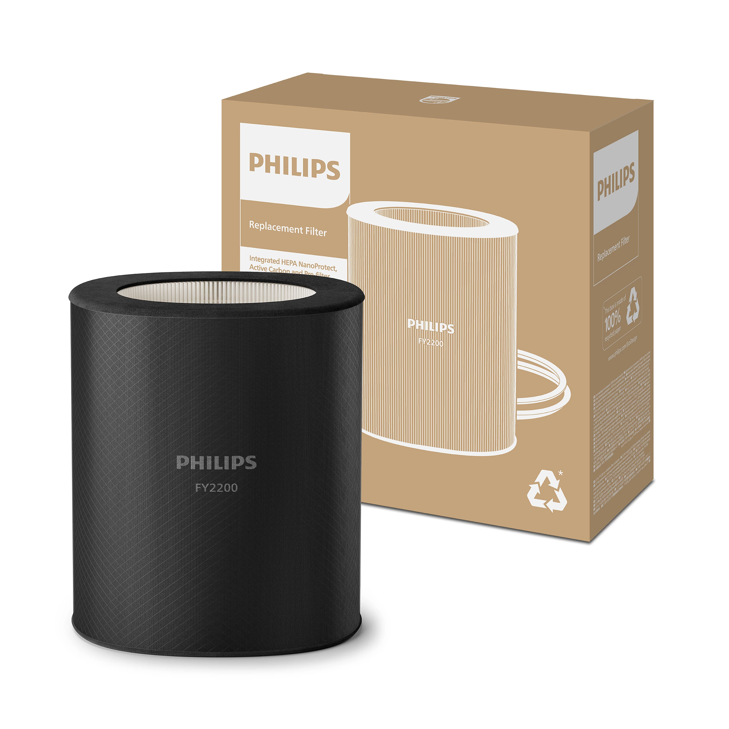 Egy fekete Philips FY2200 légyszűrő a csomagolása mellett.