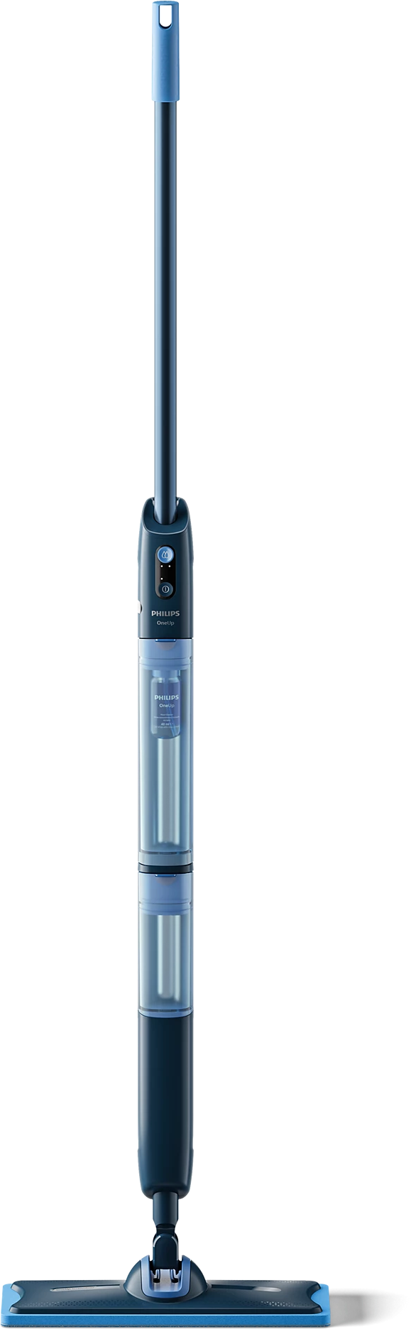 Sötétkék Philips OneUp gőzmop kék nyéllel és víztartállyal.
