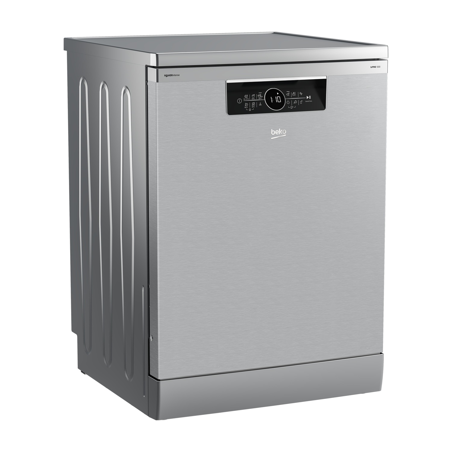 Una lavastoviglie Beko argento con display digitale e pannello di controllo.