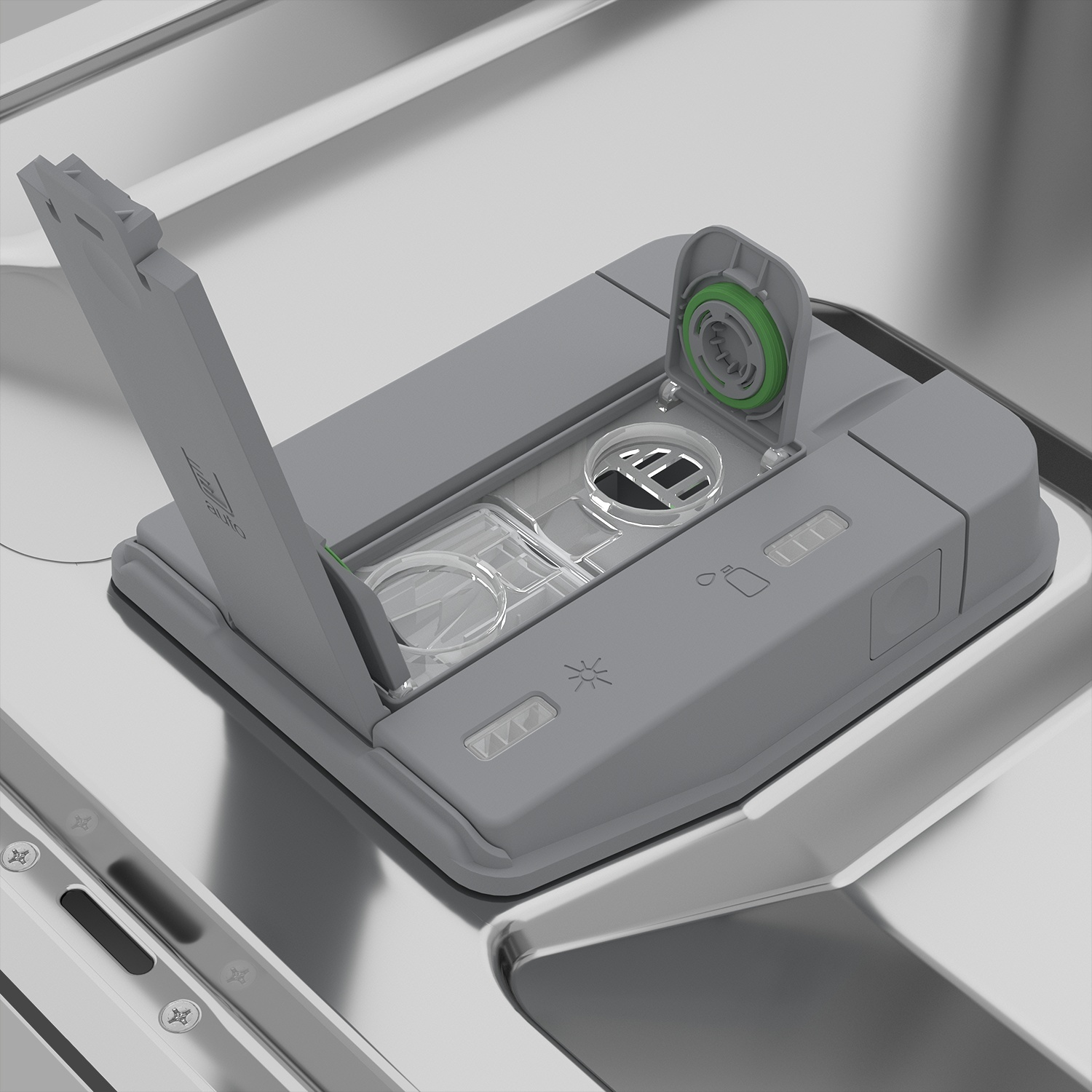 Primo piano del dispenser del detersivo per lavastoviglie con coperchio aperto.