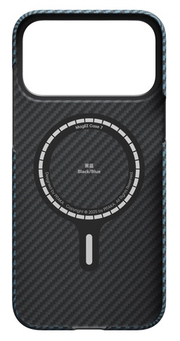 Czarne etui na iPhone z wzorem włókna węglowego i niebieską ramką. Widoczny pierścień magnetyczny.