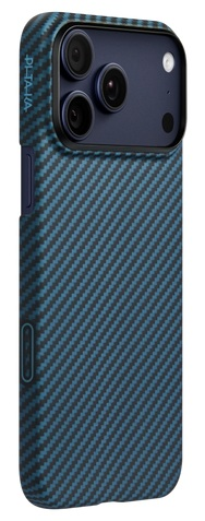 Ciemnoniebieskie etui na telefon z wzorem karbonowym i trzema obiektywami.