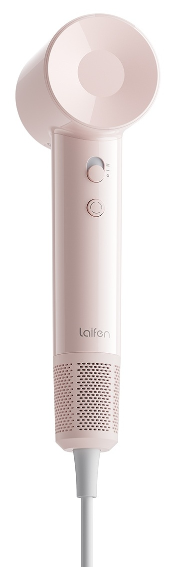 Różowa suszarka do włosów z białym kablem i przyciskami.