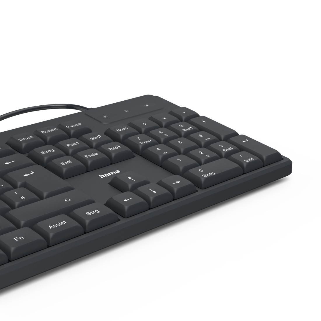 Eine schwarze Tastatur mit deutschen Tastenbeschriftungen auf weißem Hintergrund.