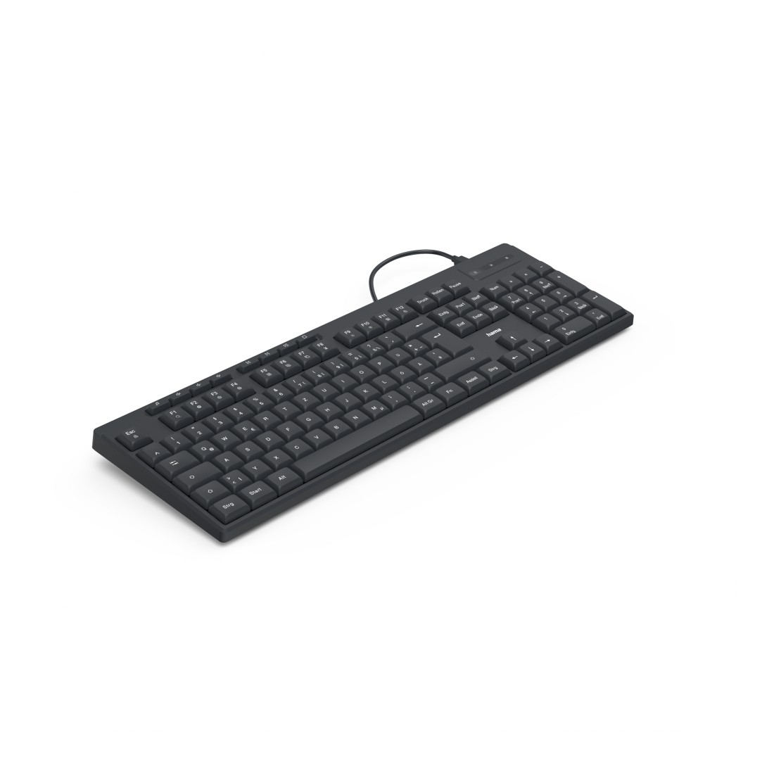 Eine schwarze Tastatur mit Kabel auf weißem Hintergrund.