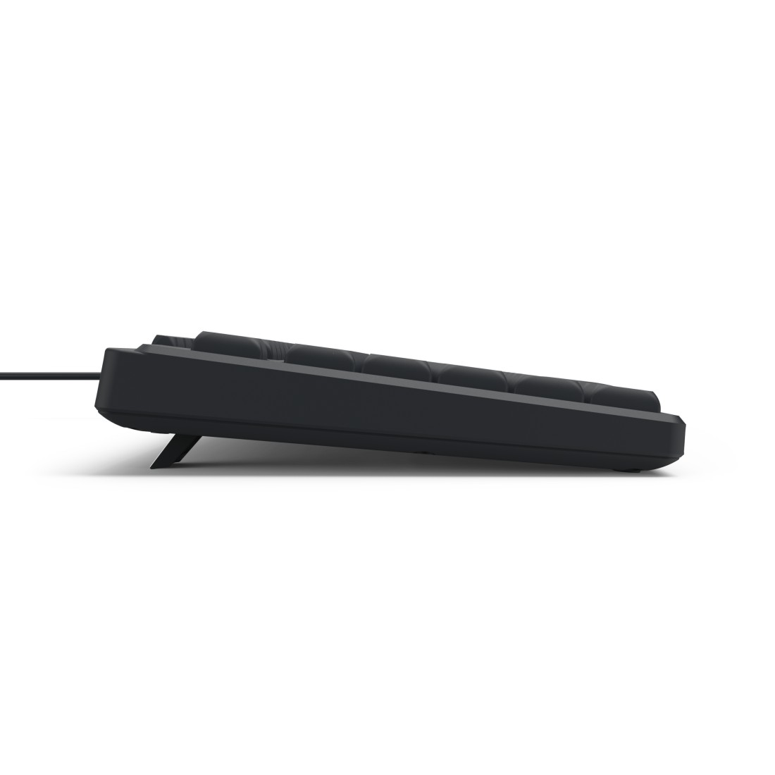 Schwarze Tastatur von der Seite, mit ausklappbarem Ständer.