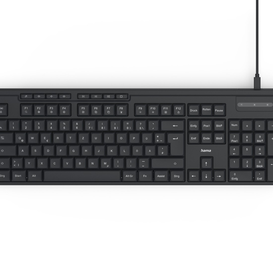 Ein schwarzes Hama Tastatur-Layout mit deutschen Tastenbeschriftungen.