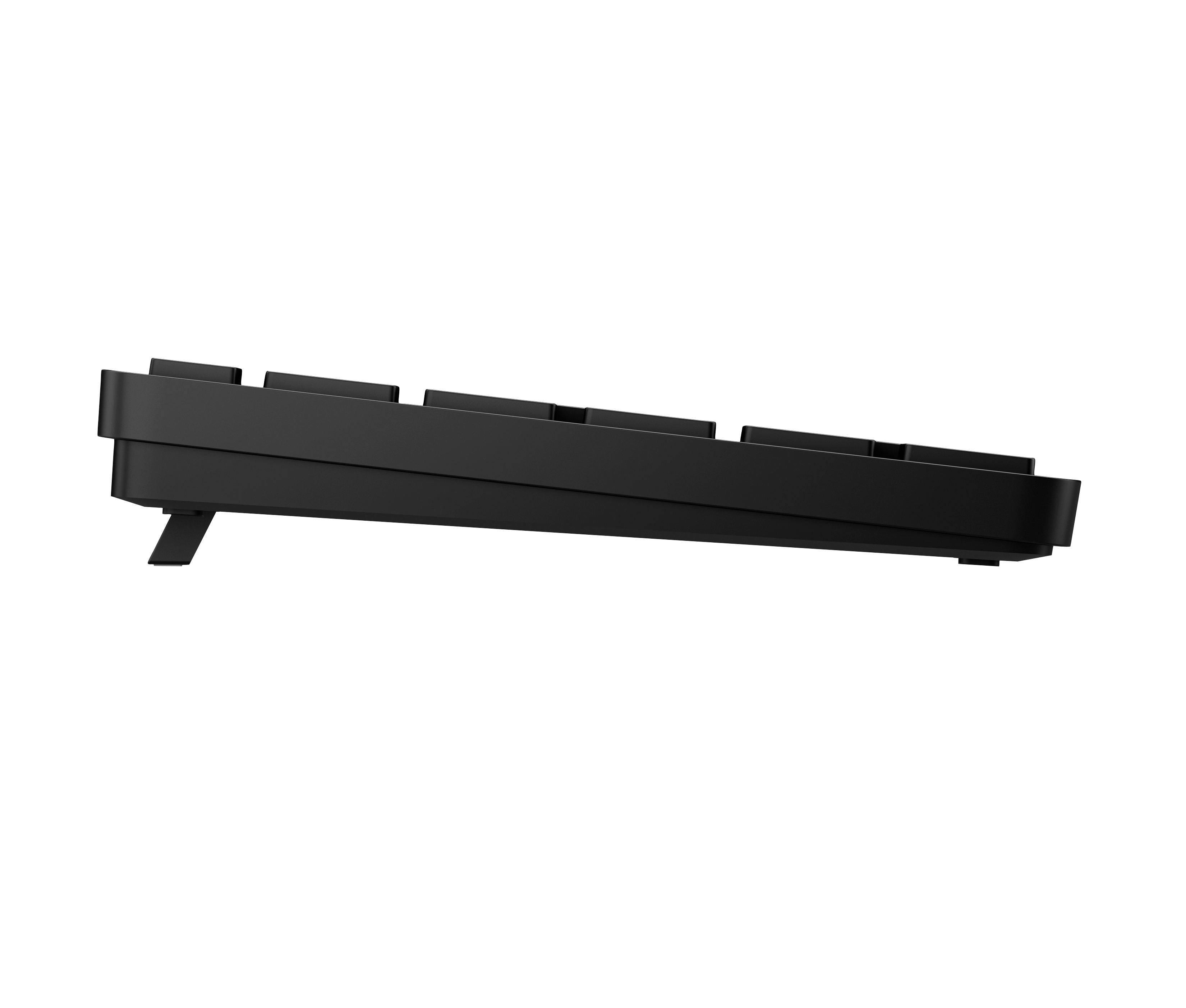 Schwarze Tastatur im Seitenprofil mit ausklappbarem Ständer.