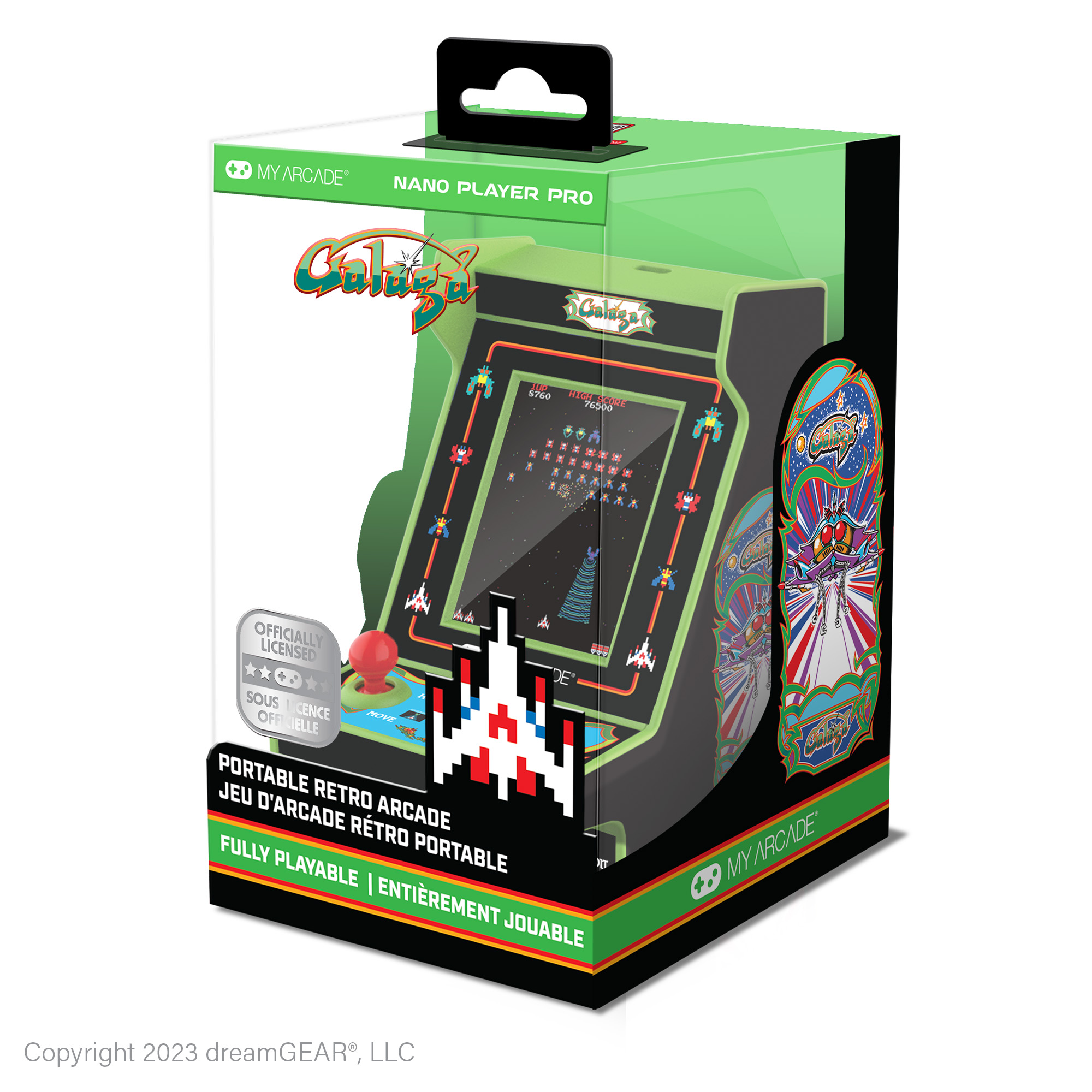 Galaga oyunu ve joystickler içeren yeşil atari makinesi kutusu.