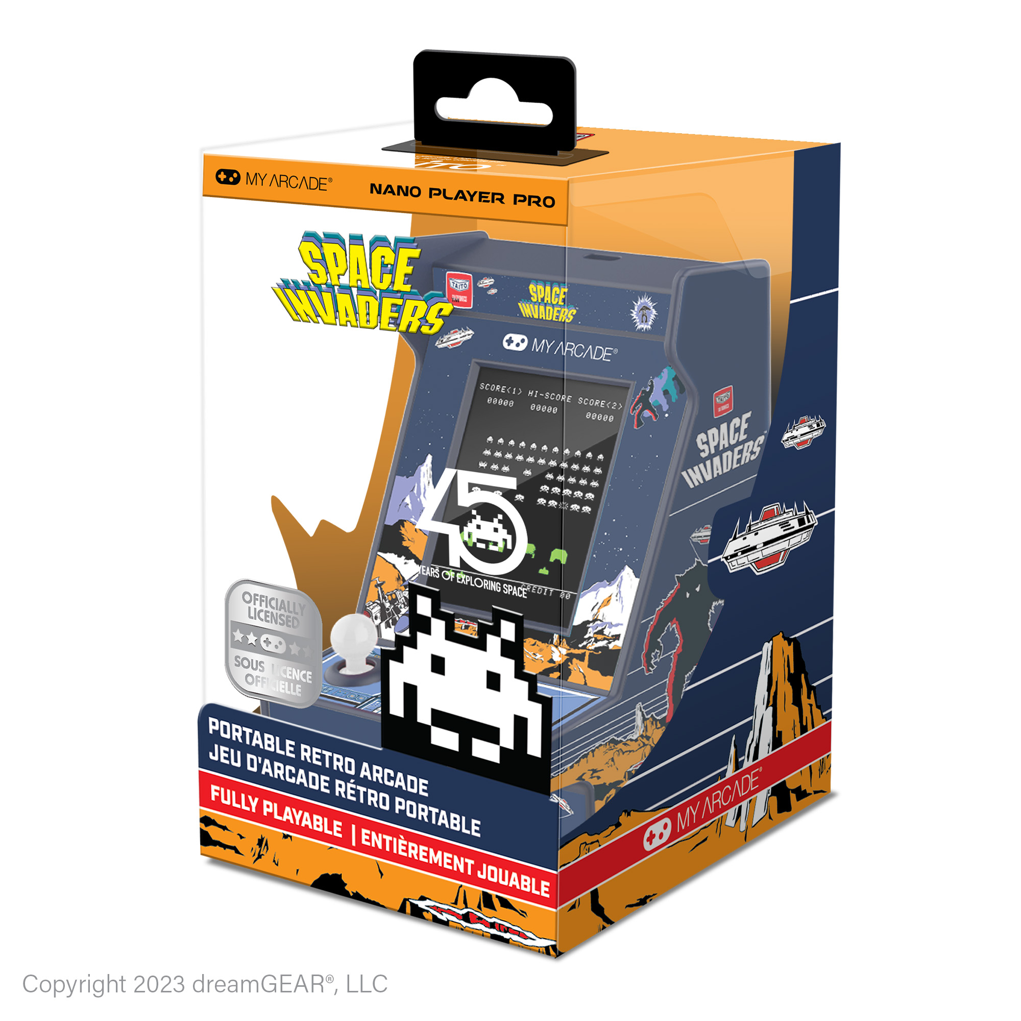 Space Invaders Nano Player Pro için kutu, oyun grafikleri ve retro tasarım.
