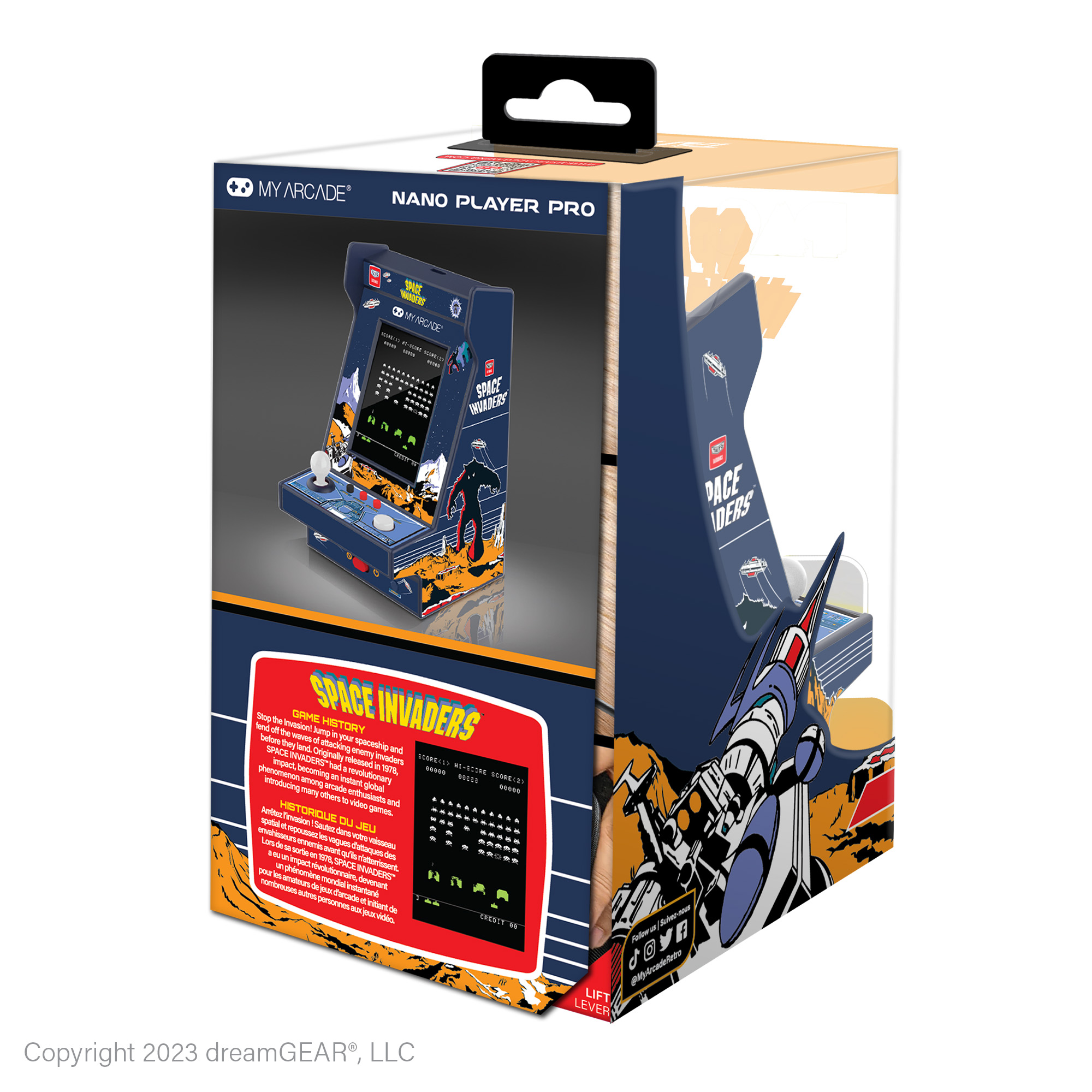 Space Invaders temalı ve oyun görselli My Arcade Nano Player Pro ambalajı.