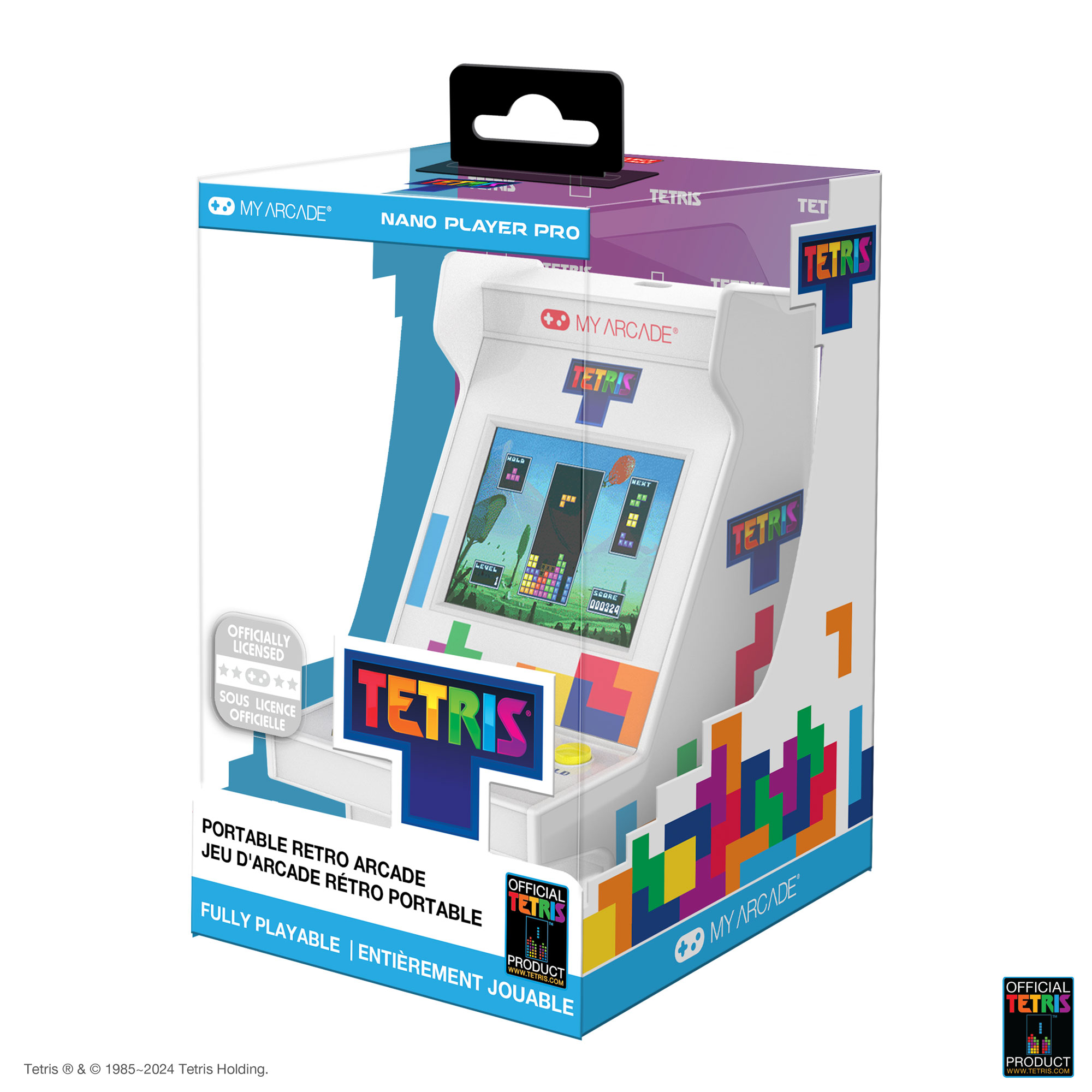 My Arcade Tetris Nano Player Pro'nun Tetris oyunu ekranda görünen ambalajı.