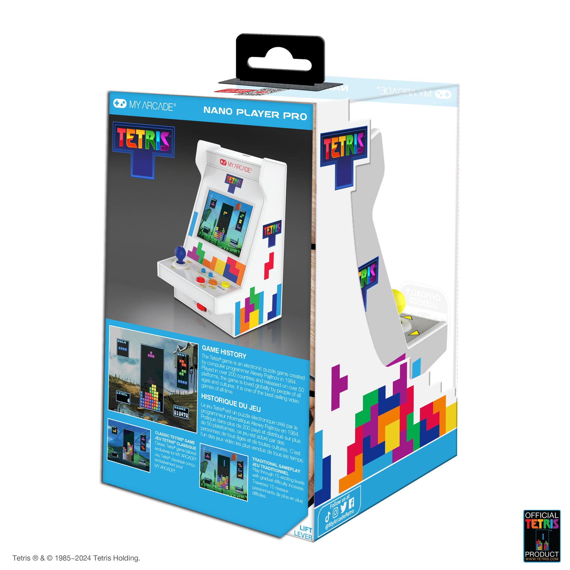 Renkli Tetris bloklarına sahip My Arcade Tetris Nano Player Pro.
