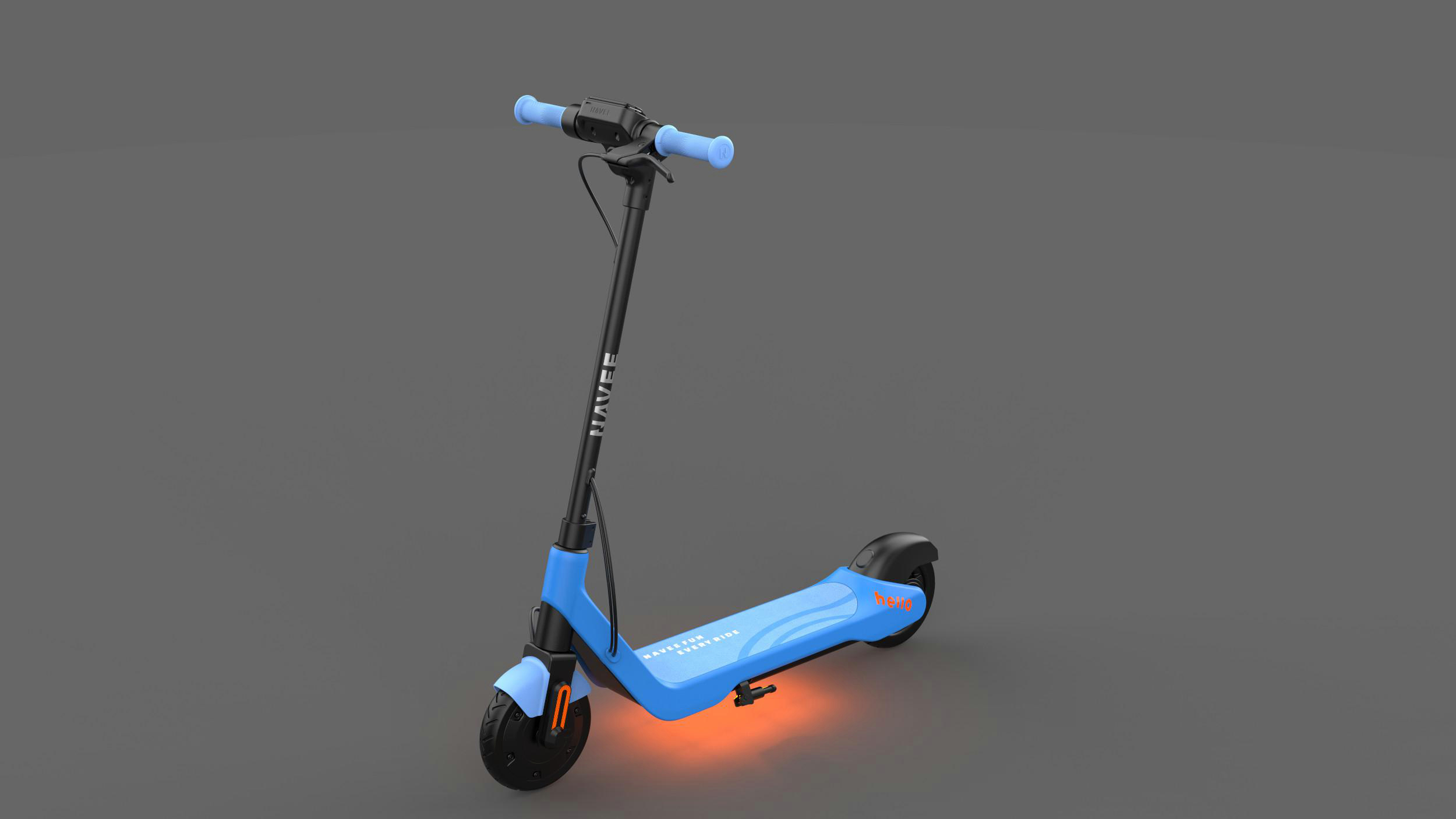 Ein blauer Elektroroller mit orangen Lichtern unten und blauen Griffen.