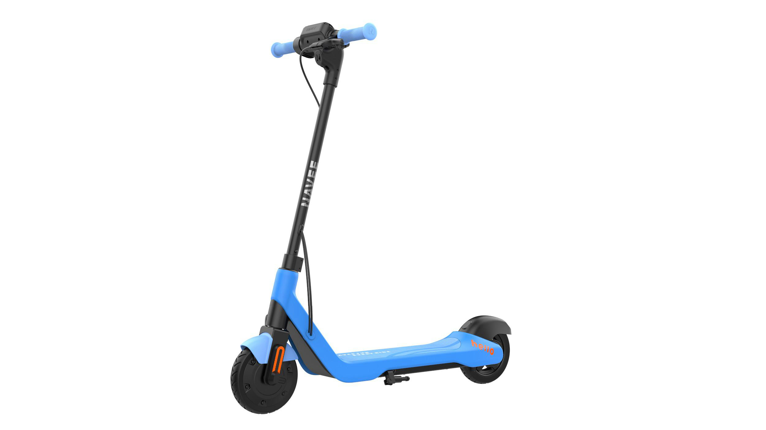 Ein blauer Elektroroller mit schwarzem Lenker und blauen Griffen.