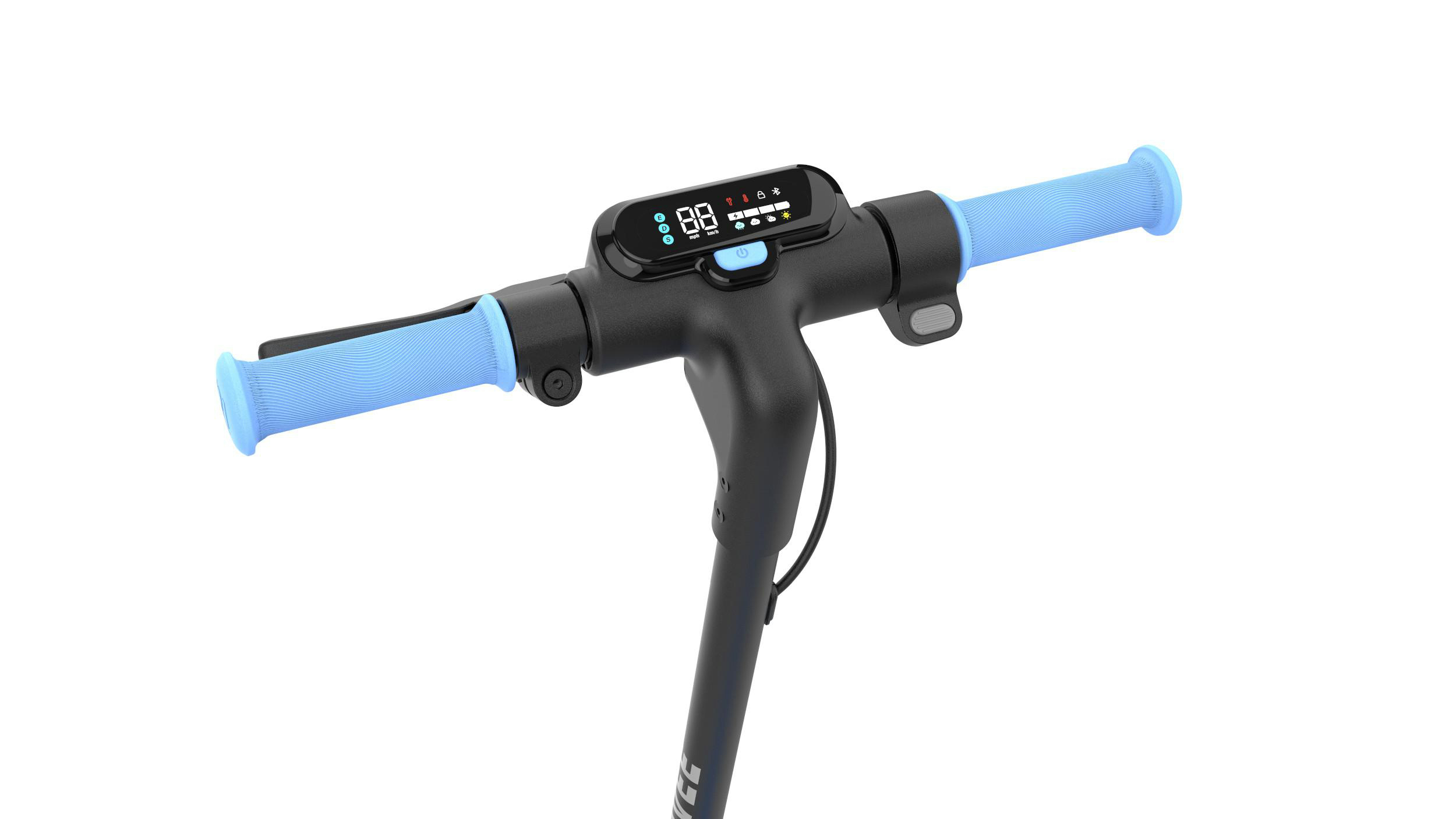Lenker eines E-Scooters mit blauem Griff und Display.