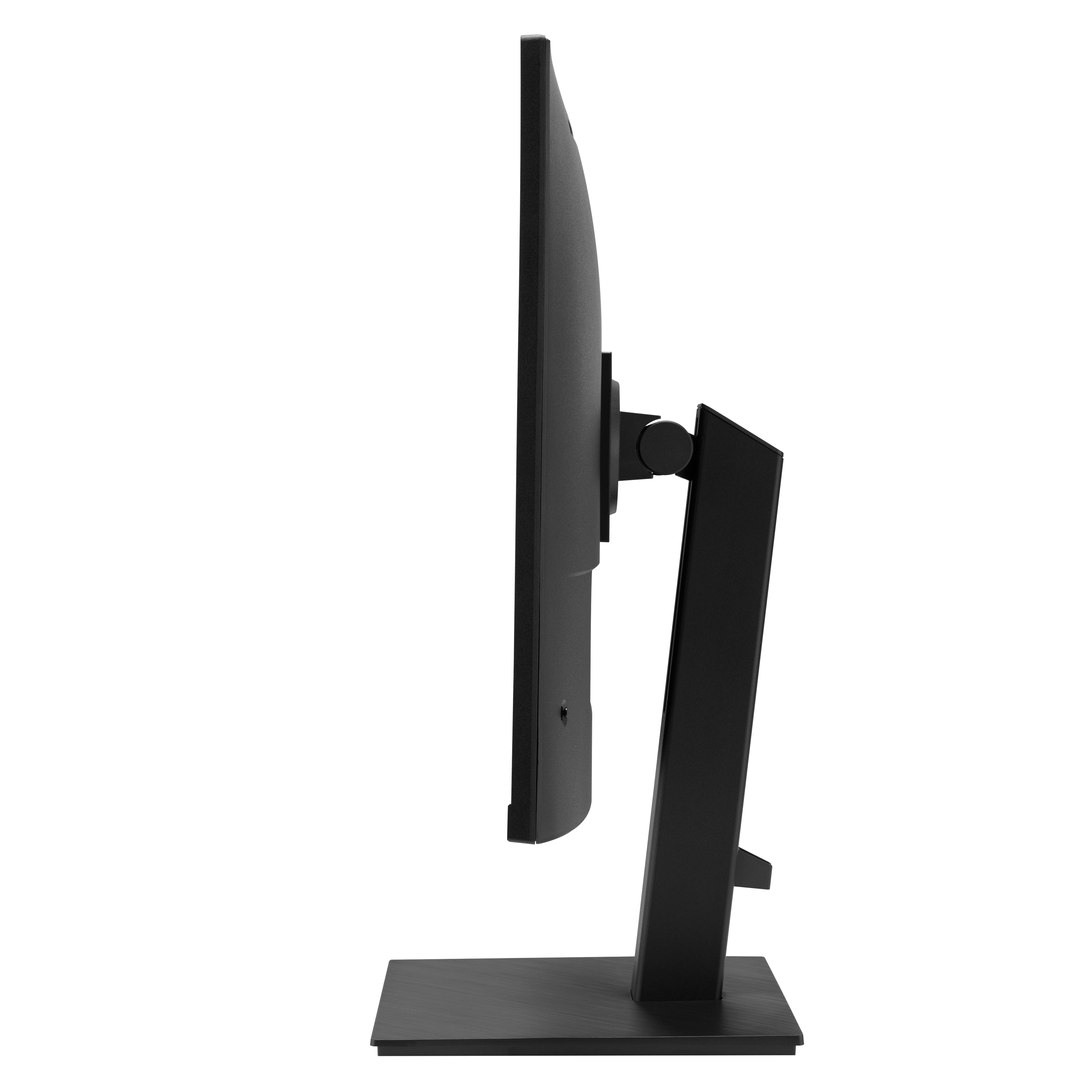Ein schwarzer Computermonitor mit Ständer, von der Seite gesehen.
