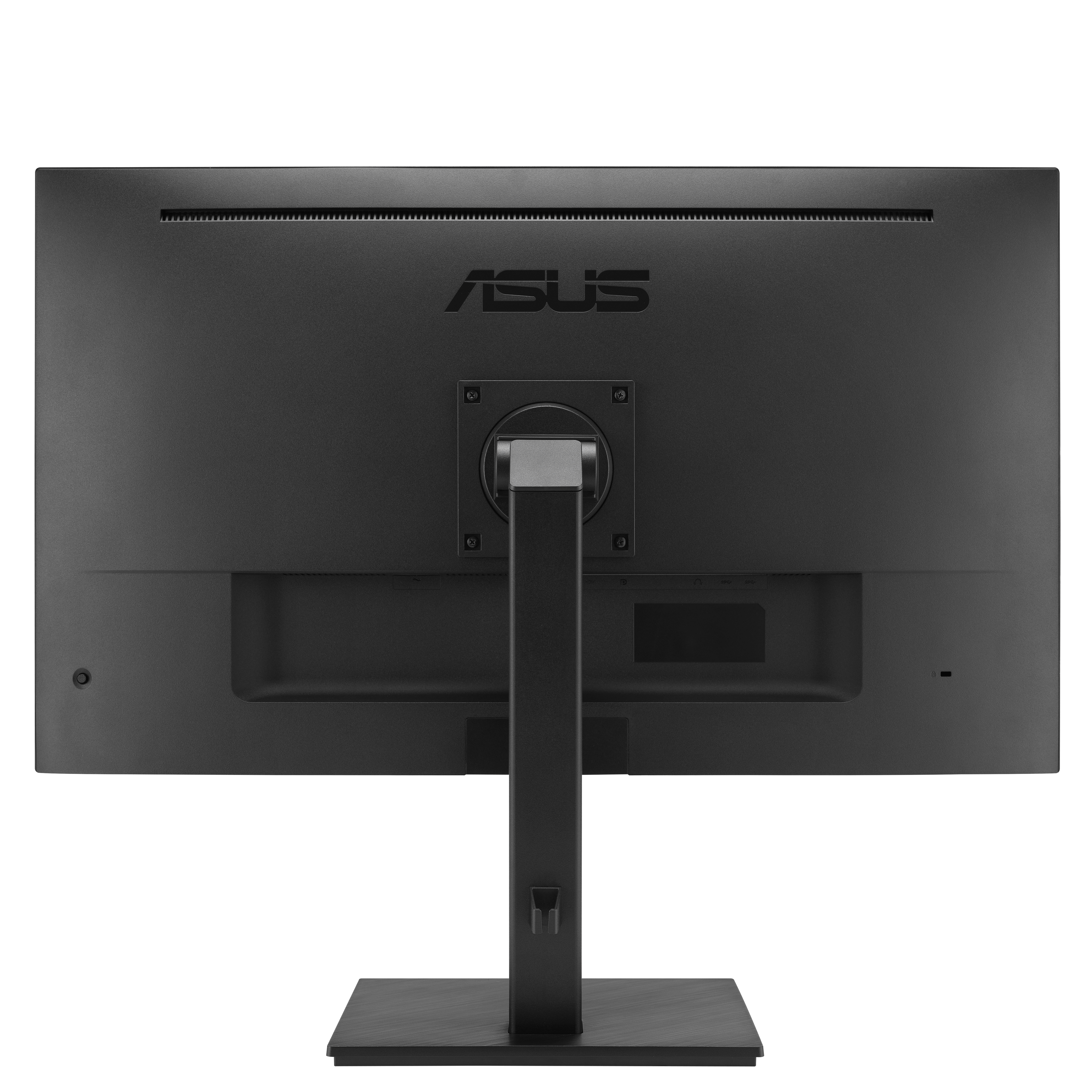 Rückseite eines schwarzen ASUS Monitors mit Standfuß und Anschlüssen.