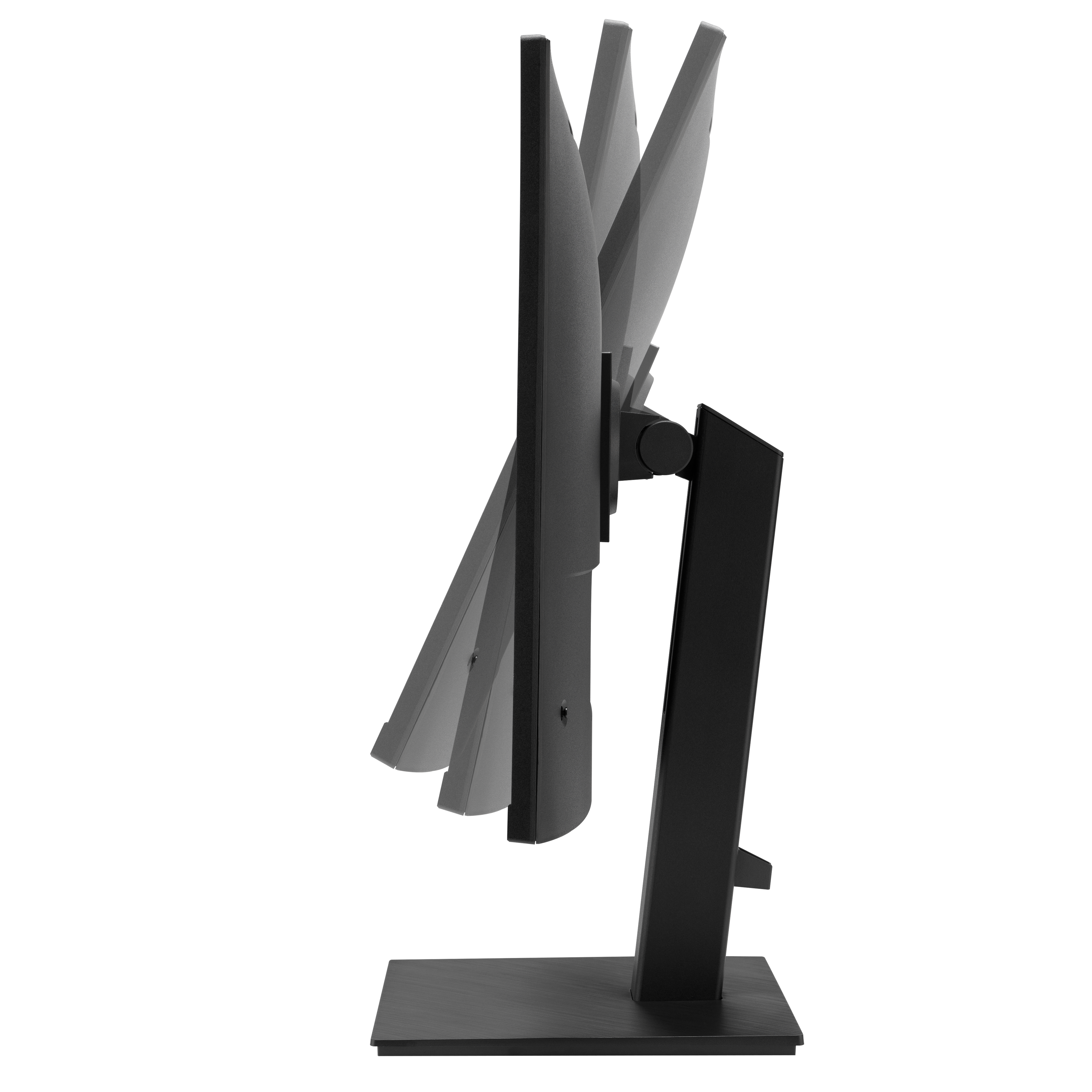 Ein schwarzer Computermonitor mit verstellbarem Ständer, aus der Seitenansicht.