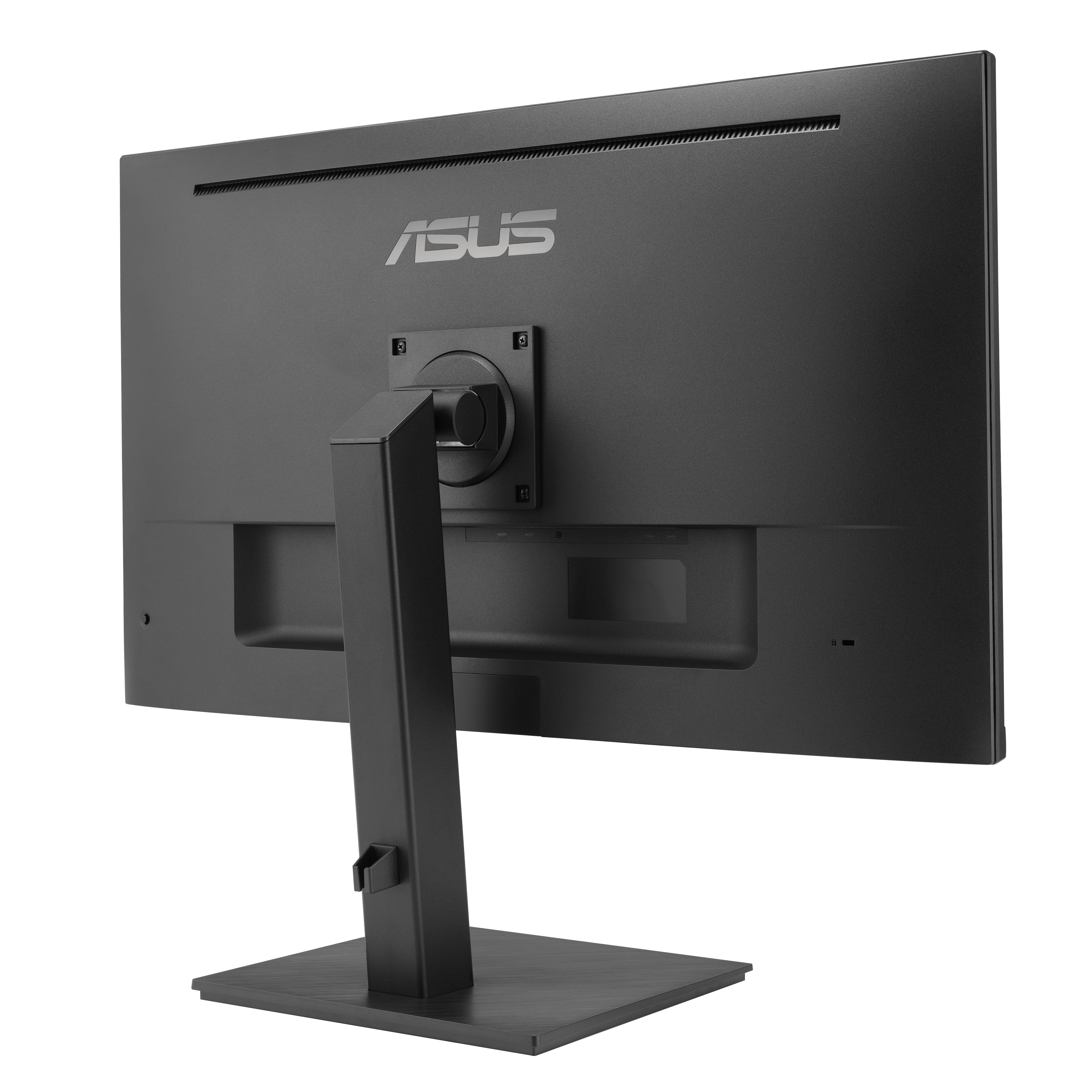 Rückseite eines schwarzen ASUS Monitors mit Standfuß und Anschlüssen.