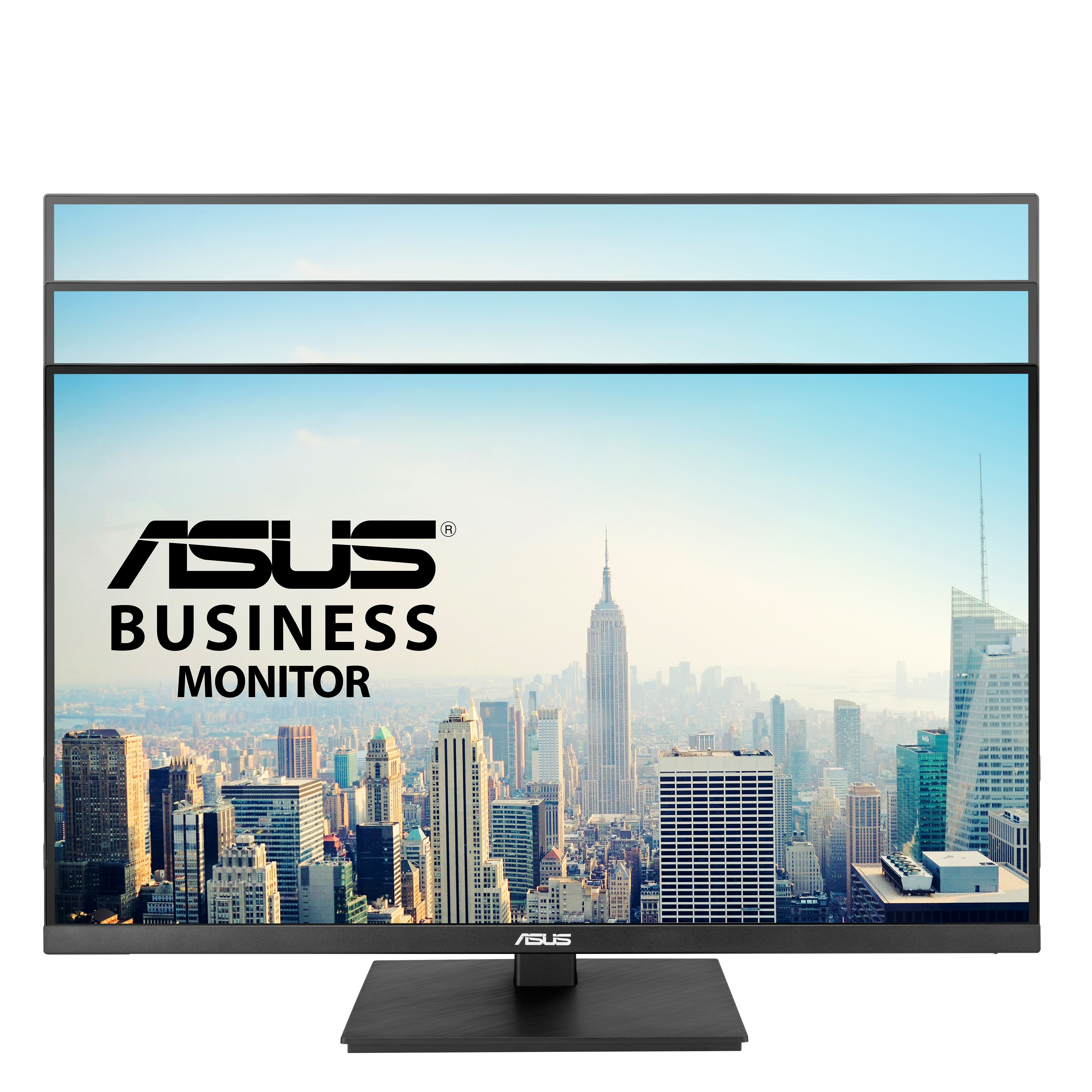 Ein Monitor zeigt eine Skyline von New York mit dem ASUS-Logo.