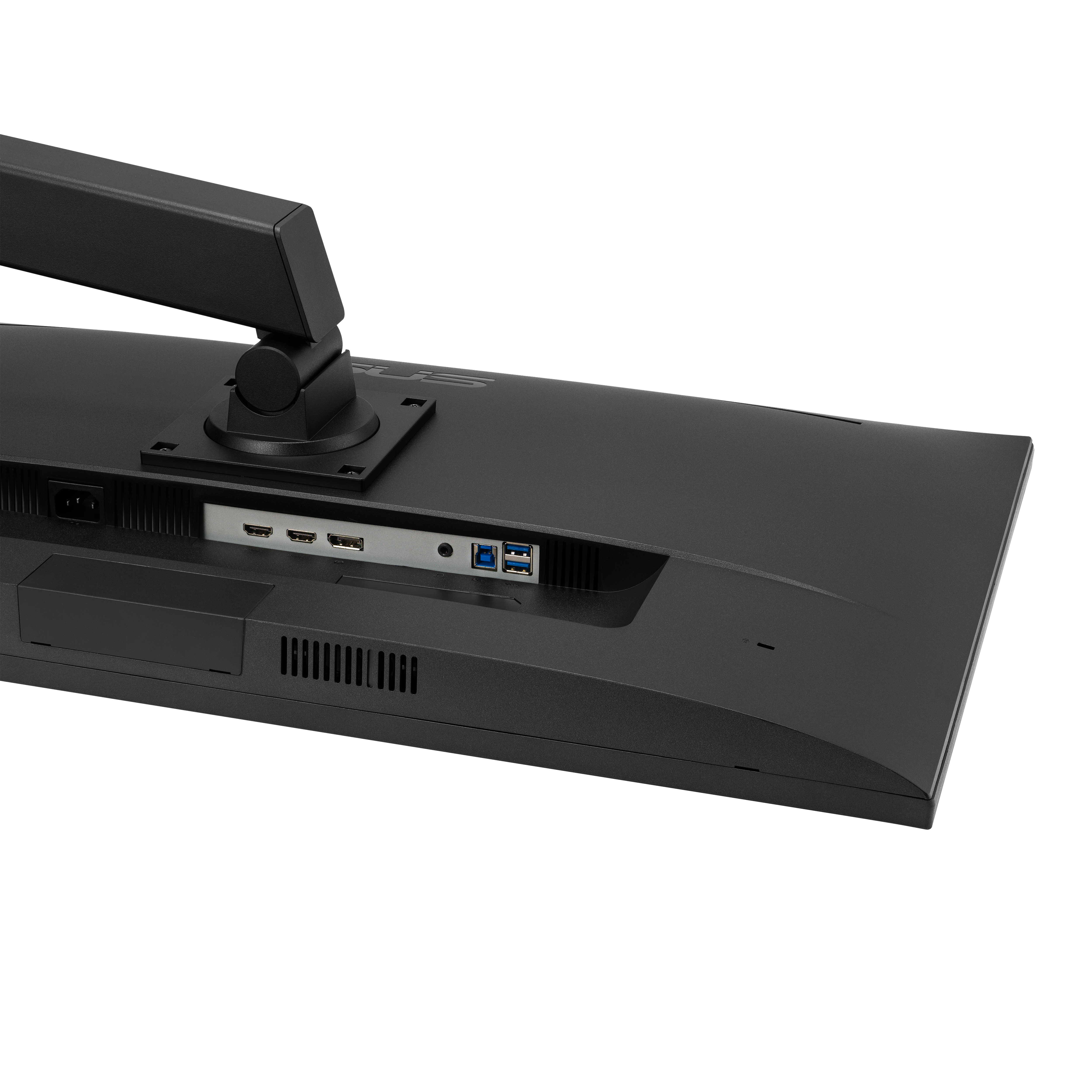 Rückseite eines schwarzen Monitors mit Anschlüssen: Strom, HDMI, USB.