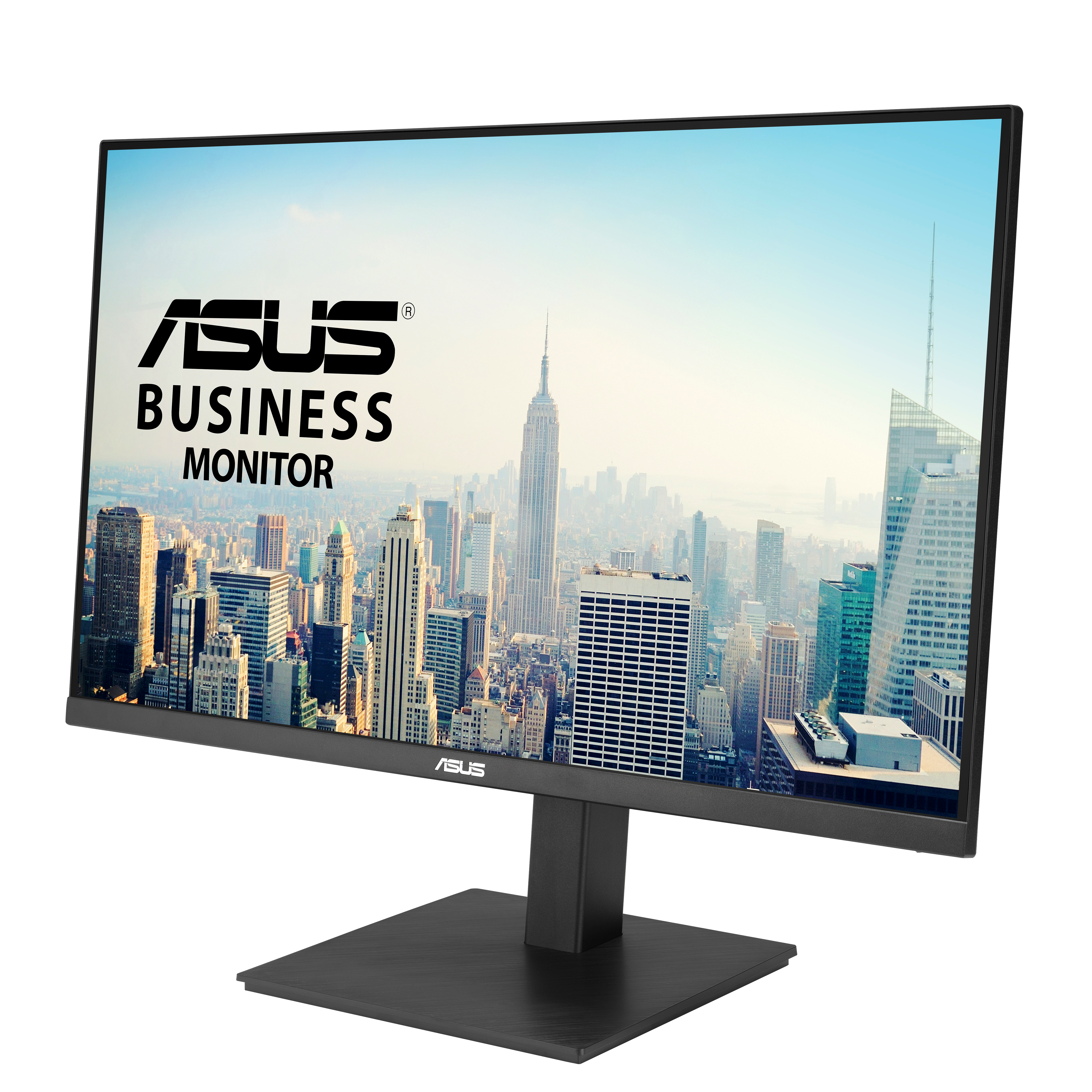 Ein Asus Business Monitor steht vor einer Stadtansicht mit Wolkenkratzern.