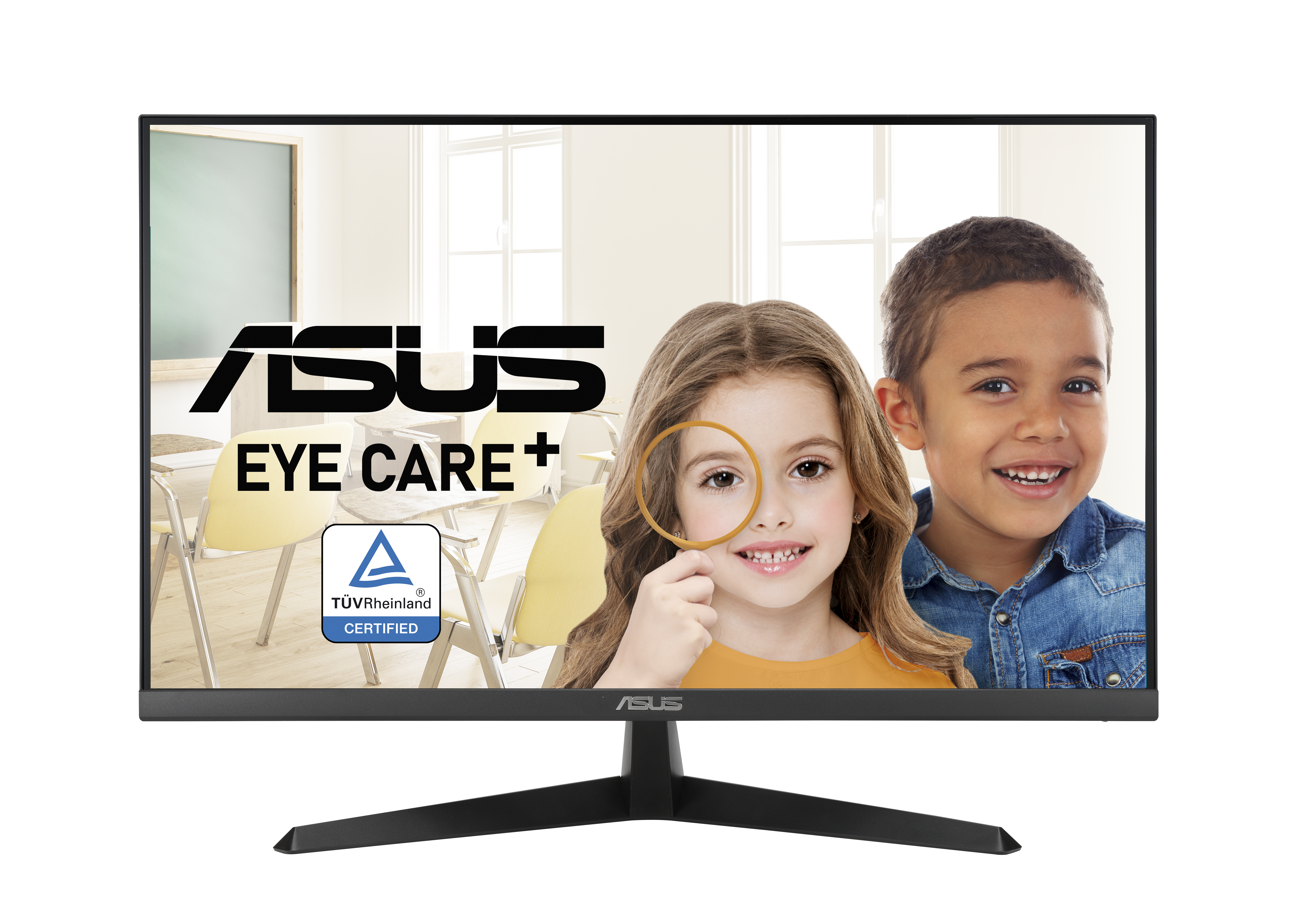 Ein Monitor zeigt zwei lächelnde Kinder, Asus Eye Care+ Logo und TUV Zertifizierung.