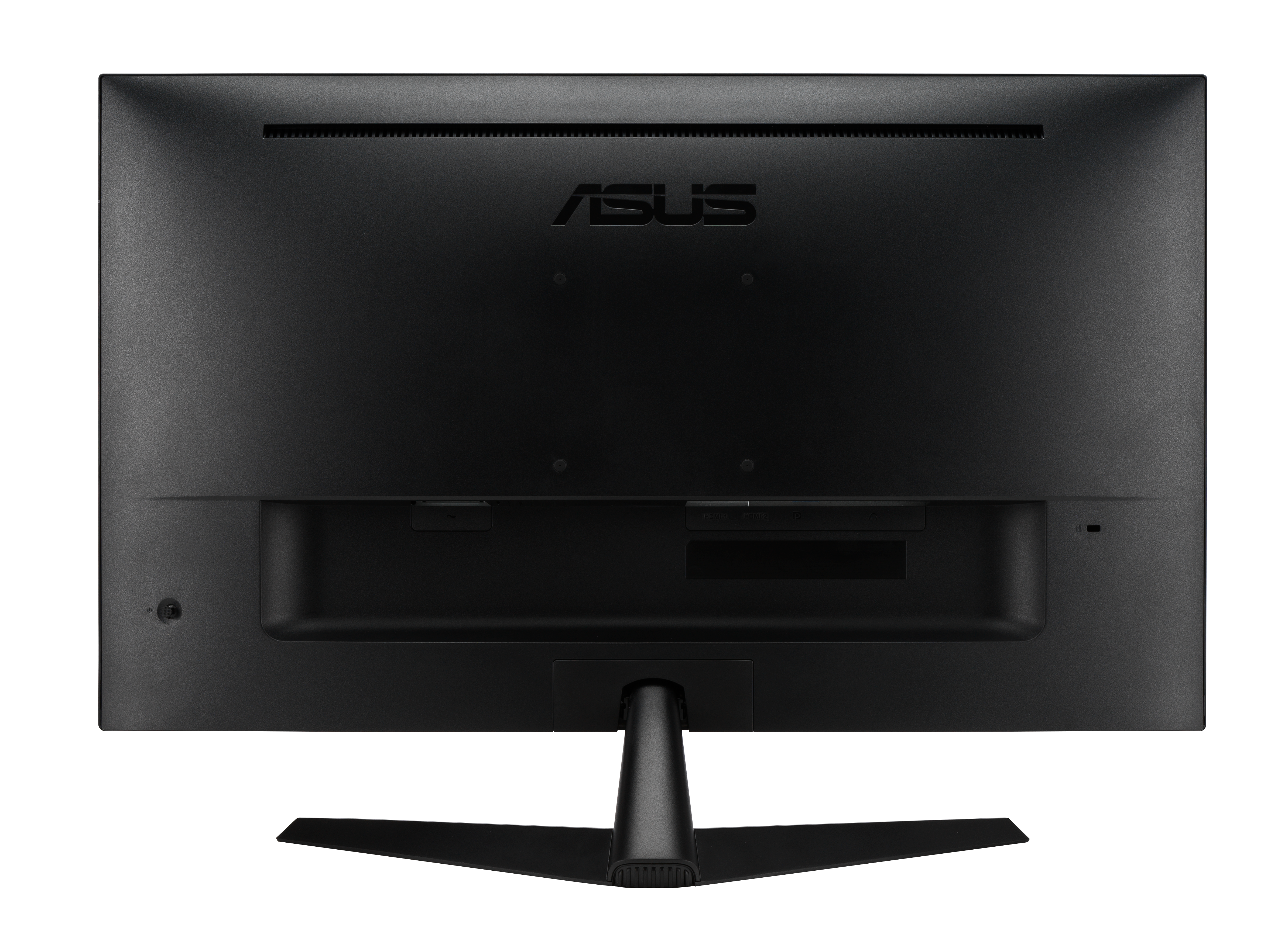 Rückseite eines schwarzen Asus Monitors mit Anschlüssen und Standfuß.