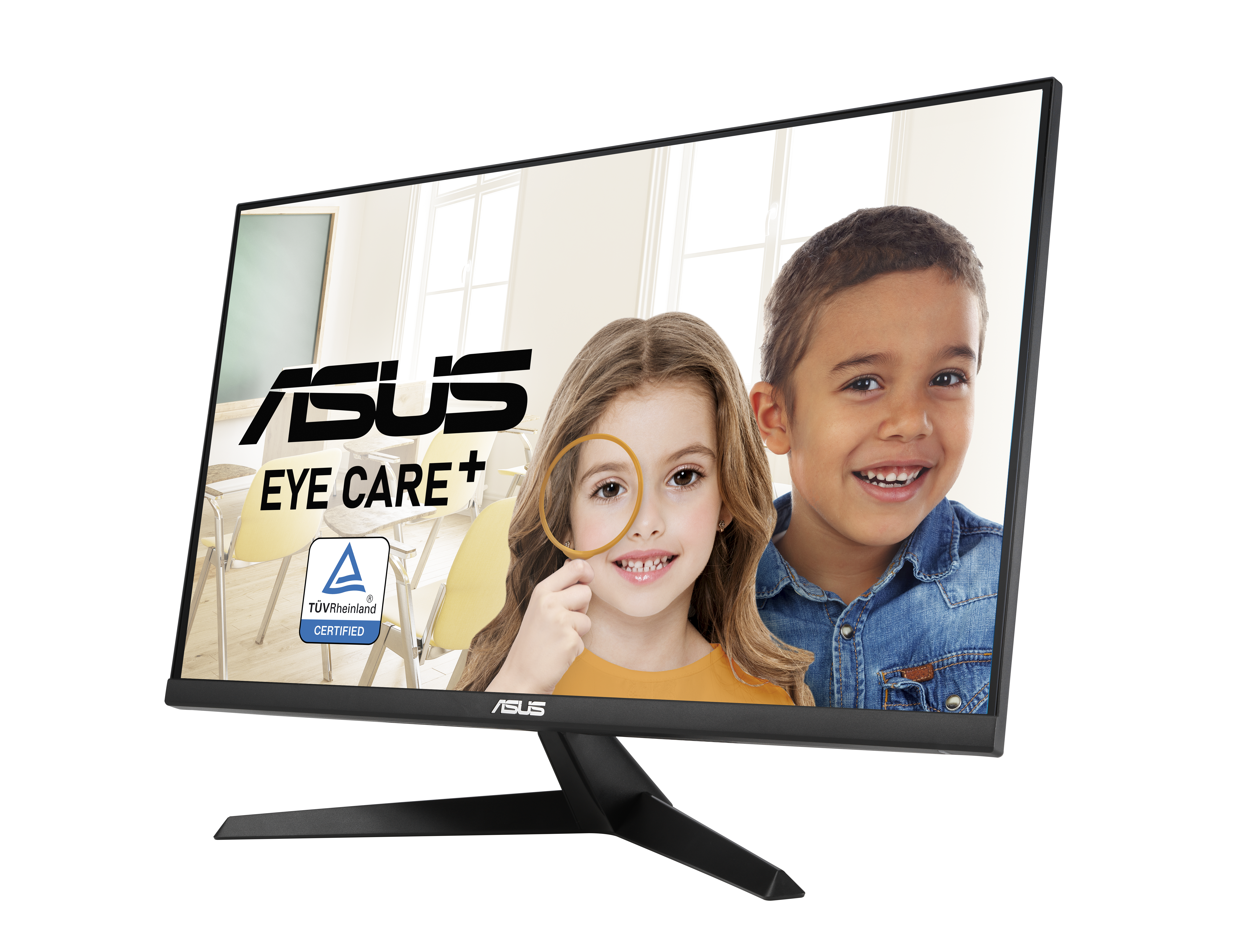 ASUS Monitor zeigt zwei lächelnde Kinder. Text: ASUS EYE CARE+.