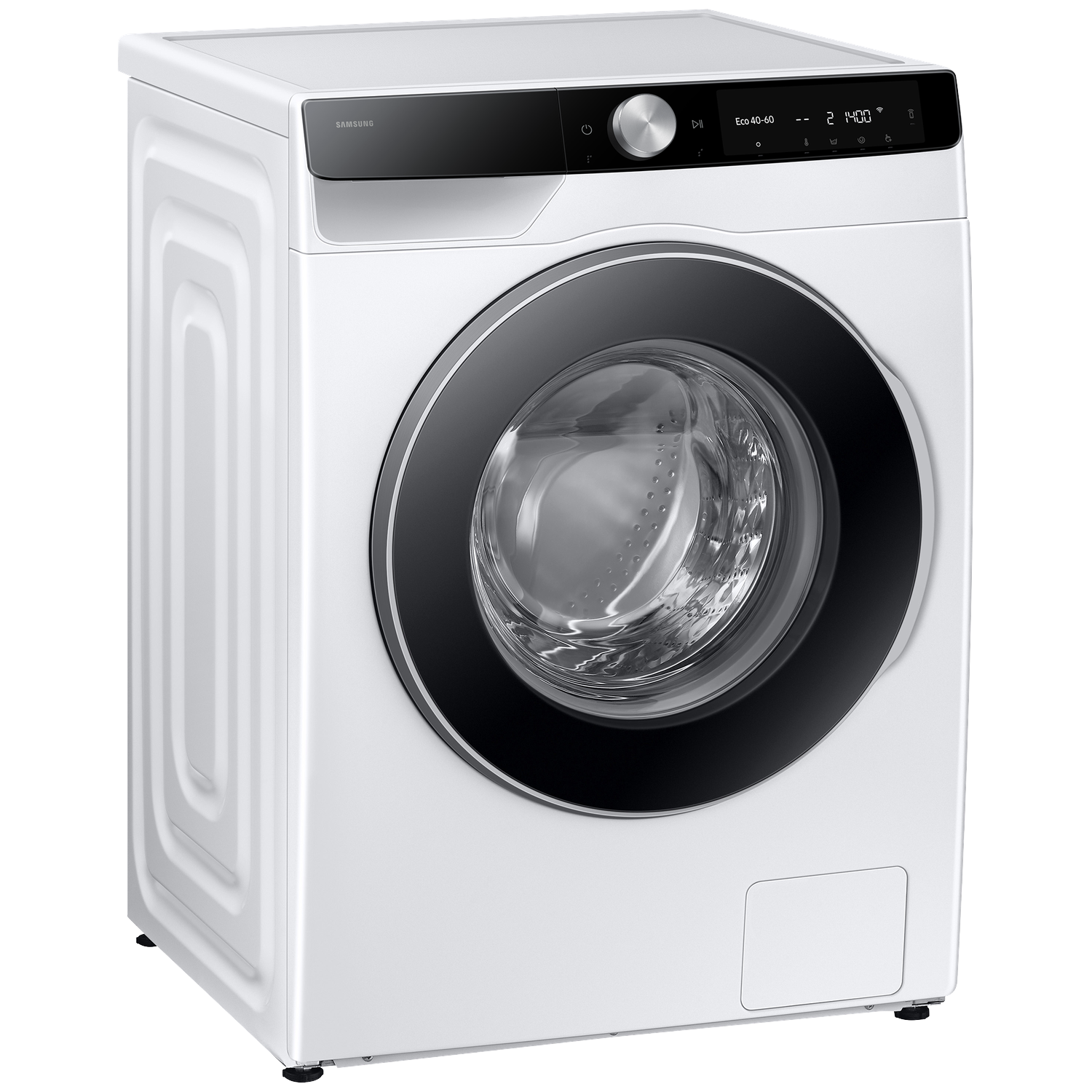 White Samsung washing machine with a black door and digital display.