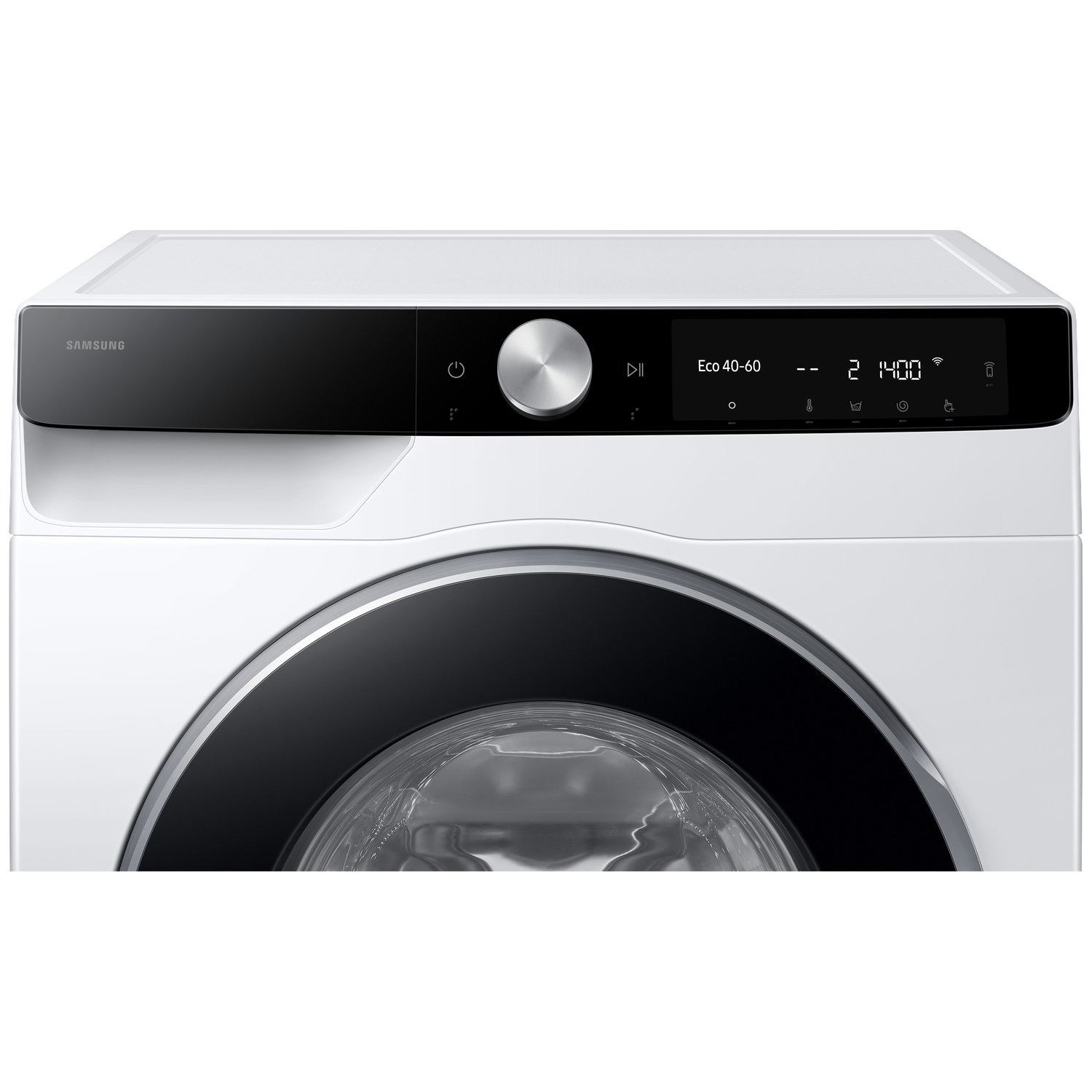 White Samsung washing machine with black control panel and silver dial.